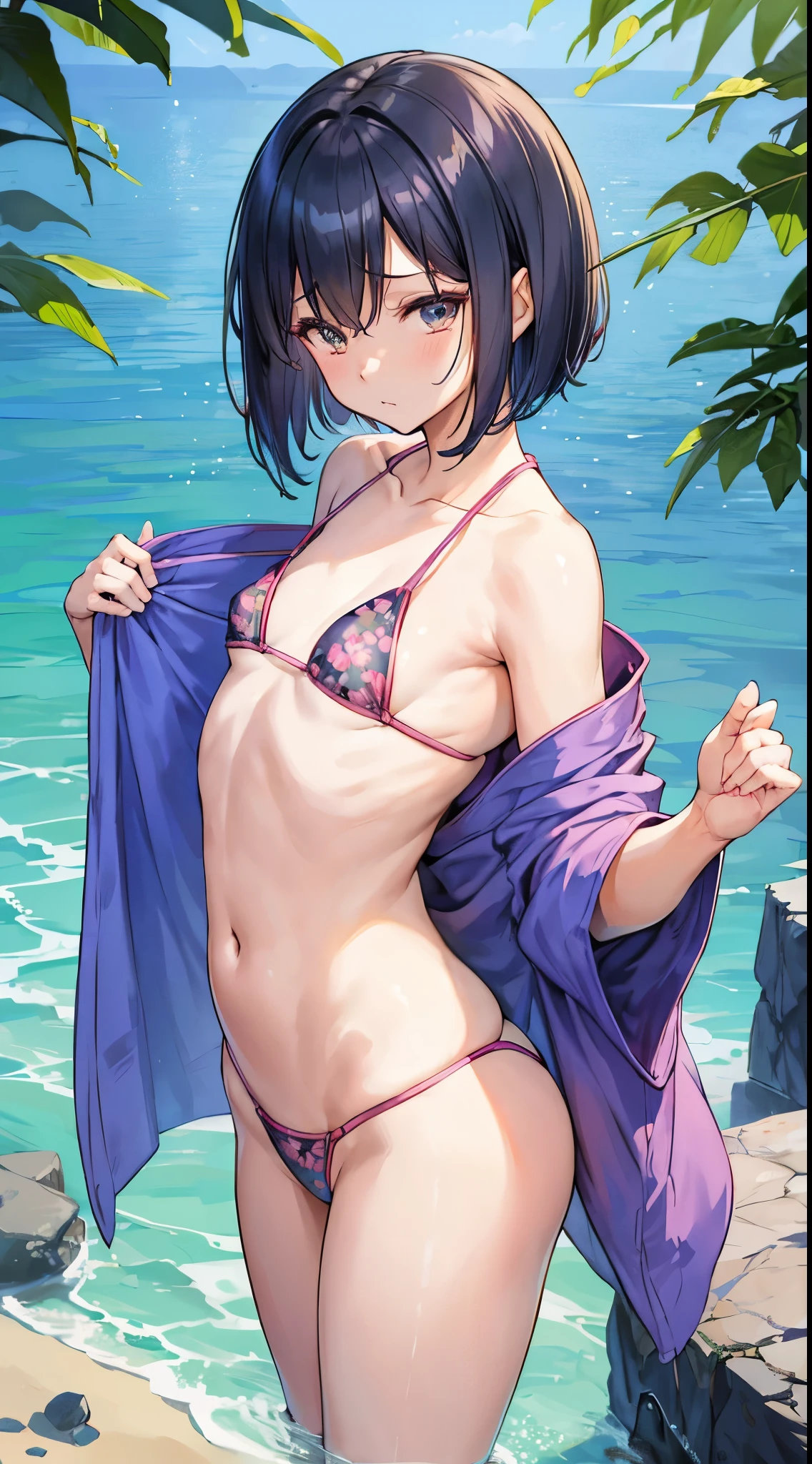 natta、Japan gravure idols、 girl、small tits、perfect chest、flawless skin、Wet hair、perfect body type、小柄、Small butt、Bob Hair、A dark-haired、bangs whorls、The sheen、nattaの海、Racy floral bikini、