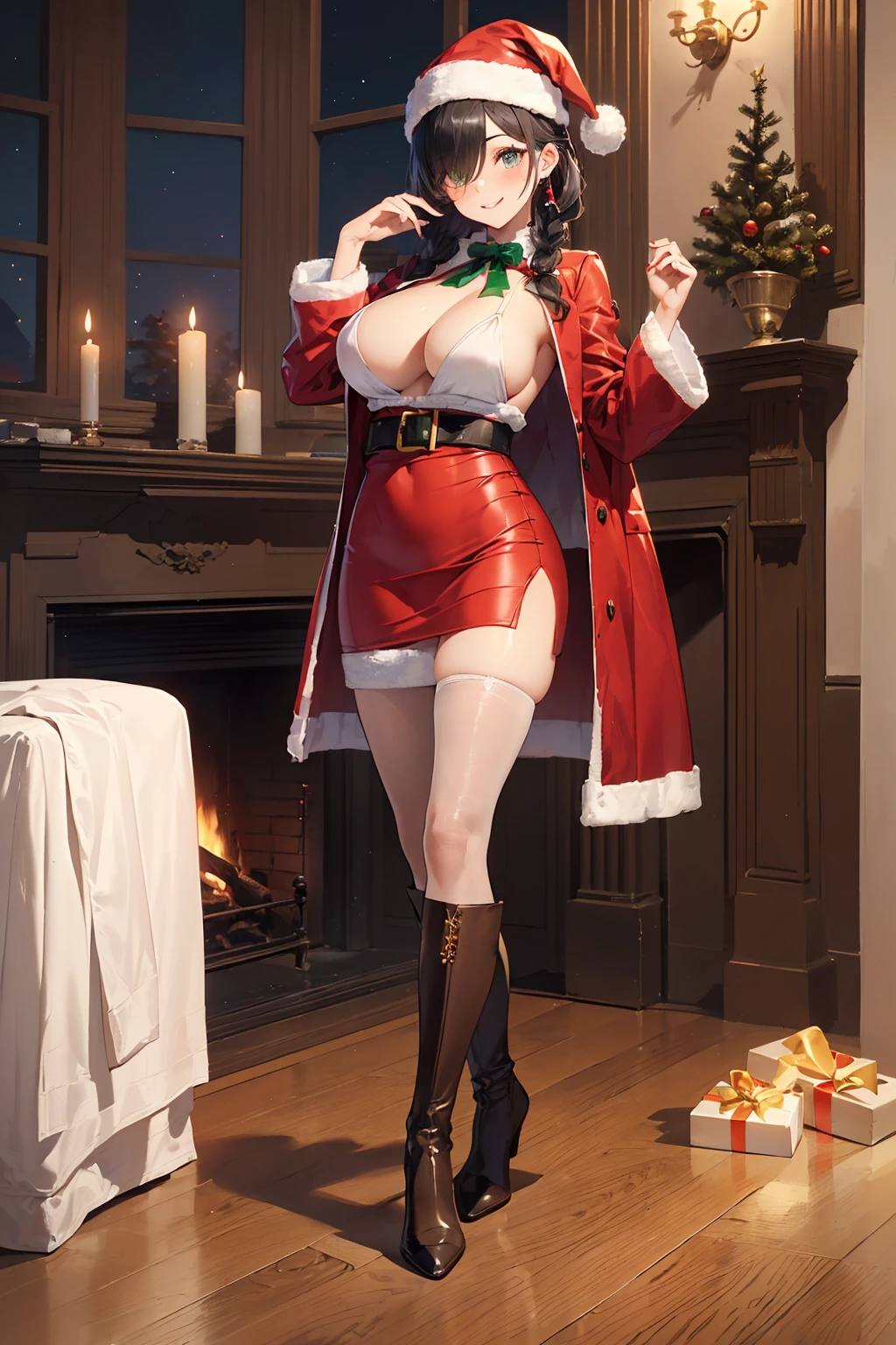 (Conceptual image board:1.3), ((matured girl wearing Sexy Santa clause costume with far:1.3, red dress with green, holding a present box in both hands:1.2, close to viewers:1.2)), a matured woman with long black hair and a red outfit, red winter coat with bore, scarfs, green ribbon tie, knee length long boots, red and green winter outfits, holding present box with wrapping by ribbon:1.5, Christmas tree decorated with many ornaments:1.2, white bags on a sled, wearing red pencil skirt, Arabic, bodyesbian, fine details, beautiful anime illustration, 28 years old, (milf:1.3), (solo:1.5), (sfw:1.25), (sagging breast, fuge breasts, big tits, thin waist, big ass:1.2), Raised sexy, (dark mahogany medium short hair, updo, hair over one eye, asymmetric hair, Carly hair, low tied braids), (musulman, white Headscarfs, hair bands, head vandage, Turban), (ultra high resolution, 8K RAW photo, photo realistics, thin outline:1.3, clear focuest qualtiy, cinematic lighting, textile shading, blurry back ground, field of depth, bokeh, (Bright pupils, fine detailed beautiful eyes with highlight:1.3, super detailed eyes, high detailed face), Red lip, fine realistic skins:1.1, looking at viewers:1.3, (dynamic angle:1.3, full body:1.3, front view:1.1, tigh focus:1.3, from below:1.2), (dynamic posing:1.5, sexy posing:1.2, sitting with holding knees:1.3, leaning forward:1.2), (seductive, shy happy smile:1.4), centered image, (wearing red long coat with bore and clotheare breast:1.37)), gold ornaments, rolling red clothes around waist, dark red long leather boots:1.3, translucent white lace pantyhose), (((correct anatomy:1.5, perfect hands:1.5, ideal ratio body proportions:1.37))), (in a night:1.3), (indoors:1.2, in front of fireplace:1.3),