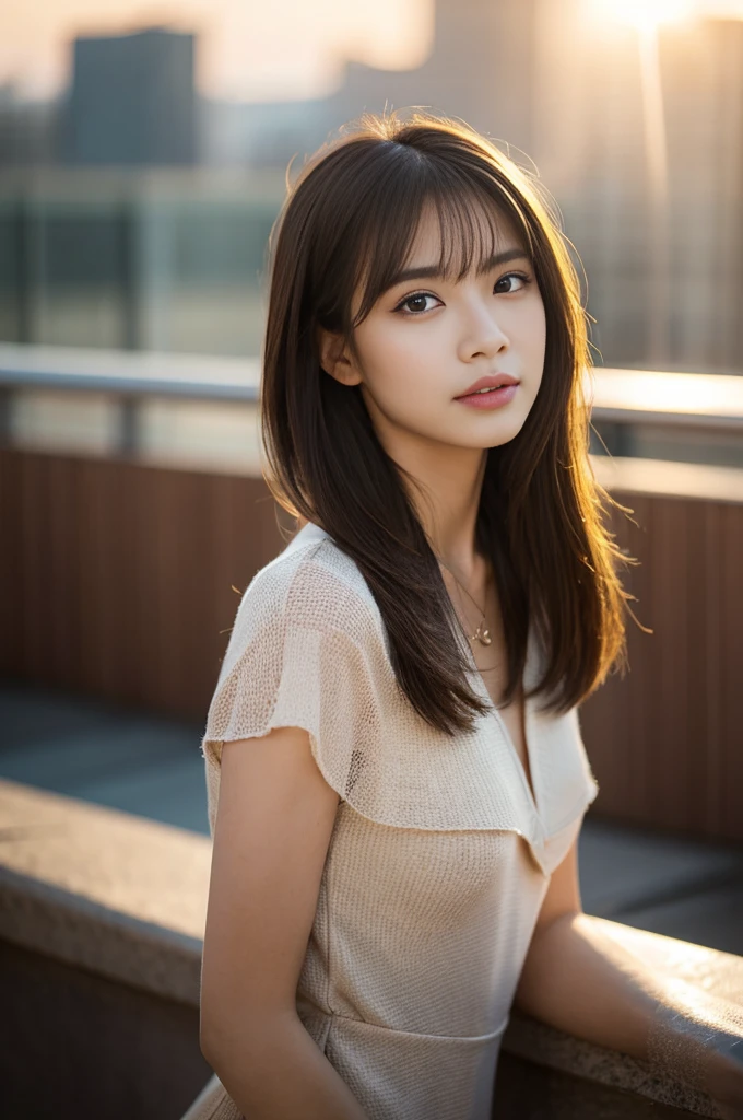 (Photoreal Stick:1.5, masutepiece:1.5, 8K, RAW shooting), (top-quality, masterpiece, 超A high resolution), Perfect dynamic composition:1.3, Professional camera work:1.4, Highly detailed skin and facial texture:1.3, Mystical portrait, Grow Light Effect, The ultra-detailliert, 1girl in, (Shoot with blur:1.5, fog the lens:1.5), ((On the rooftop, the morning sun, Intense sunlight:1.4, Sunlight pouring down from above:1.4, Strong sunlight spreads across the screen:1.4)), (thin satin fabricVNeck dress), Model body type, Clear face, (Eyes that feel beautiful eros:0.9, Enraptured look:1.0, i love you completely:0.8, slightly open mouth, A mouthfeel that feels beautiful eros:0.7), (Dark brown medium hair, the hair flutters with the wind), the chest is medium, a necklace), (leaning, Sit up), ((seductiv, Bewitching, low angles))