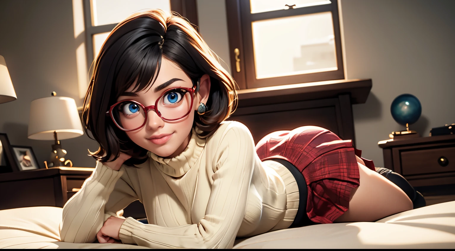 HD, 8k quality, masterpiece, Velma, dream girl, large breasts, beautiful face, blushing, kissing lips, short bob hairstyle, long bangs, perfect makeup, realistic face, detailed eyes, blue eyes, brunette hair, long eyelashes, smiling, spooky bedroom, lying down on bed, thicc body, leaning forward, eyes at viewer, mustard-yellow top, knitted turtle neck sweater, clear lens glasses, cherry-red skirt, schoolgirl skirt, booty, knee high white socks,