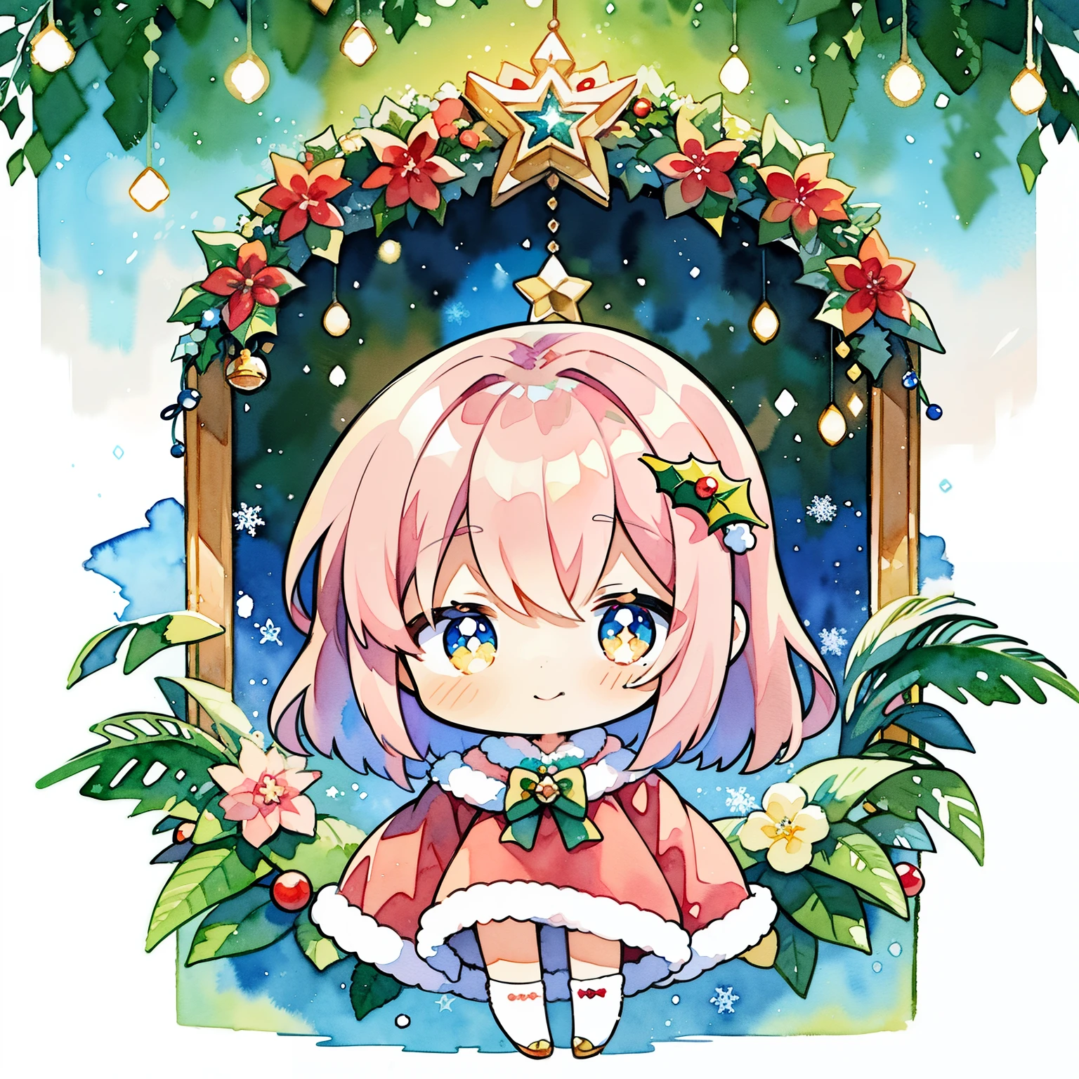 (Chibi:1.5)、(Cute illustration:1.1)、(watercolor paiting:1.2)、(vibrant glow:1.2)、striking contrast、Beautifully detailed、Best Quality、Extremely detailed, , Anime,christmas night、reddish、verdant、illuminations、Santa Clothes、、Holly、Christmas cake、stele、white Christmas、Christmas tree、Glitter、cinematric light,1girl in、(赤とverdantのレースの羽根を身に着ける:1.5)、masutepiece, Best Quality, Extremely detailed, Anime, Dress, knee sox, Lace, Christmas Colors:1.1、Holly、Flower Arrangement Wreath Background:1.1、A smile、(PastelColors:1.2)、(Cute illustration:1.2)、(watercolor paiting:1.2)、、,levitation:1.1、Thick wool gown:0.3、Extremely detailed,