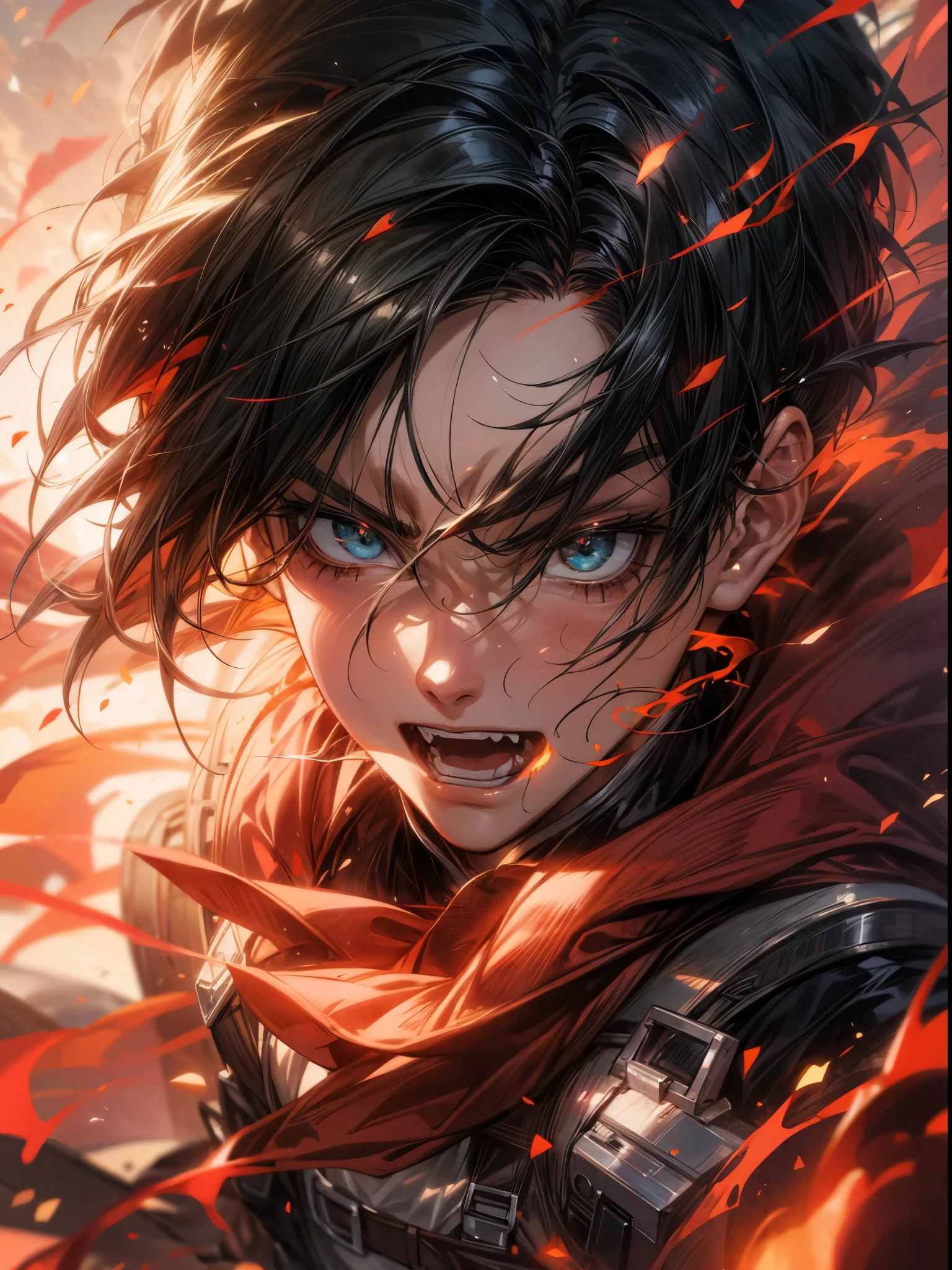 Attack on Titan,Levi Ackerman, dynamicposes,flames surround him