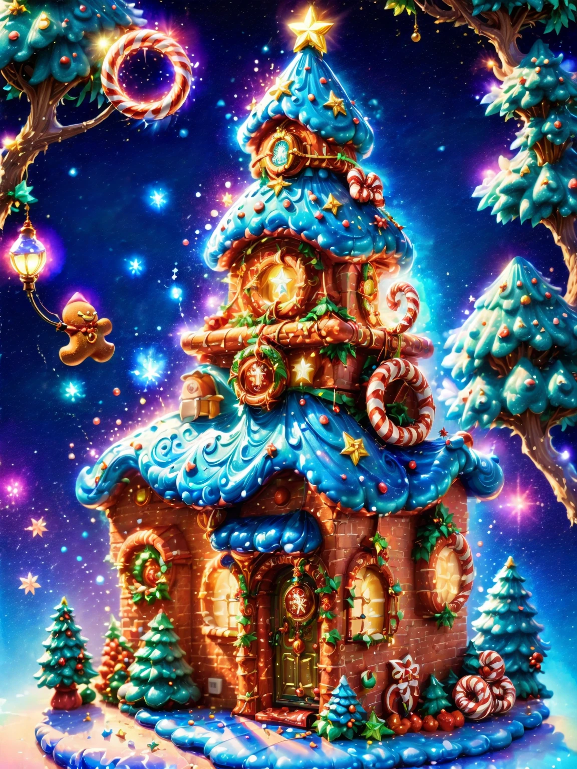 (tmasterpiece),（ultra - detailed:1.3），(Close-up: 1.8), Best quality，（棉花糖一样的白yuki:1.2），（Christmas courtyard in blue fairy tale:1.6），(蓝色门上圣诞decorationlower ring: 1.8),（suns），(((Delicious candies in front of the door，Christmas tree, gifts, Christmas stockings, cute gingerbread man，chocolate house splash))), Illustration style, decorations, Fantasy Christmas small courtyard, Lovely design style, yuki，rays of sunshine，vivd colour、 ((Whimsical and charming fantasy)), Surreal portrait, (Fantasy themed Christmas cabin), (Whimsical Christmas Accessories), (Colorful, Landscape full of candy), (enchanting, 神奇的Christmas tree), (A vibrant one, Candy-colored courtyard), (Candy Road), (blue candy door) in distance, (Like a mirror, 不对称tmasterpiece钟表配件), (Rich, fantasticcolors), (温暖的rays of sunshine), (four dimensional dream), (enchanting atmosphere), (Playful composition), (生动的rays of sunshine效果), 1.4x realism，hyper HD，Shown in this beautiful scene，(Very meticulous，Reasonable design，Clear lines，High- sharpness，tmasterpiece，offcial art，movie light effect，8K)