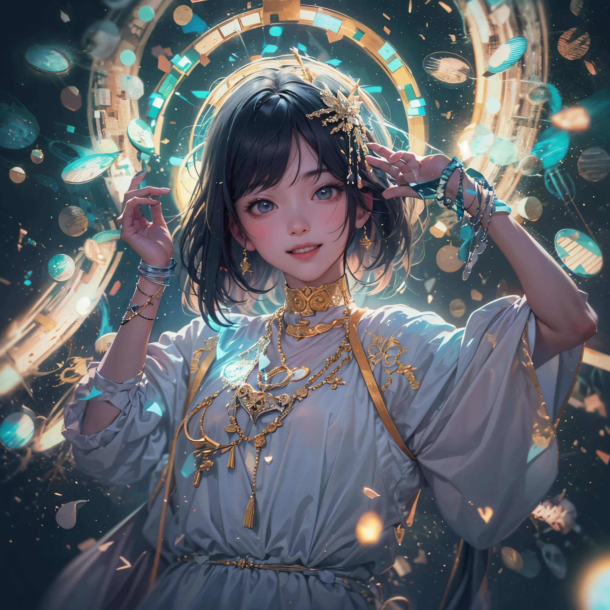 masterpiece, best quality, 8k, 16yo, Asian, fantasy world, cosmic, award winning portrait, smile, smile, solo, night, neon, idol face, delicate girl, upper body, DSLR, looking at viewer, candid, sophisticated, youthful, thin arms, cinematic, ethereal lights, intelligent, enlightenment, awakened, profound, fantasy, energy field, third eye, professional lighting, film grain, chromatic aberration, lens flares, creative, Astro, (detailed eyes and face:1.0), (bokeh:1.1)