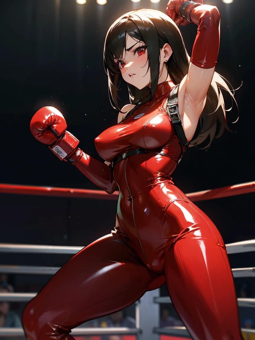 Tifa Lockhart is standing outside the boxing ring wearing a super tight latex catsuit and her metal studded boxing gloves showing off her gorgeous curves getting ready to fight