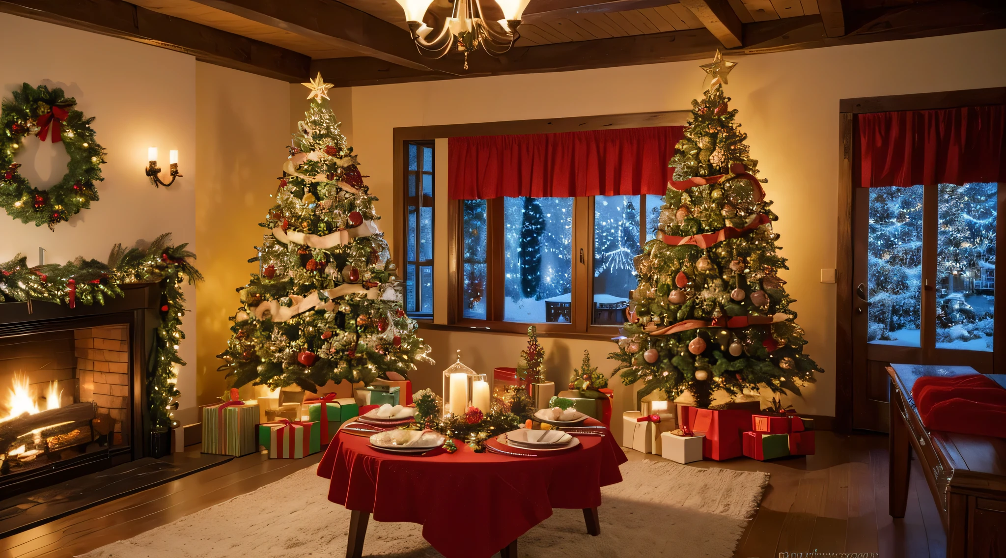 A high resolution，Christmas cottage，vivd colour，Strong Christmas atmosphere，Christmas gifts，Reasonable furniture placement，santa，Scenes，k hd，tmasterpiece，Colored painting