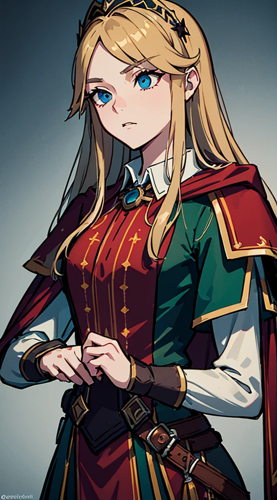 girl, skirt, full body, dark green uniform, red-brown cloak, tattered clothes, bloodstained clothes, gritty soldier, dirty, exhausted, noble, tired, victorious, blond, blue eyes, anime, Art Deco, Gothic art, anime style, anatomically correct, masterpiece, high details, high quality, beautifully detailed eyes, captivating gaze, vivid colors, skillfully executed lighting, studio lighting techniques bringing out the girl's features and the overall mood of the scene