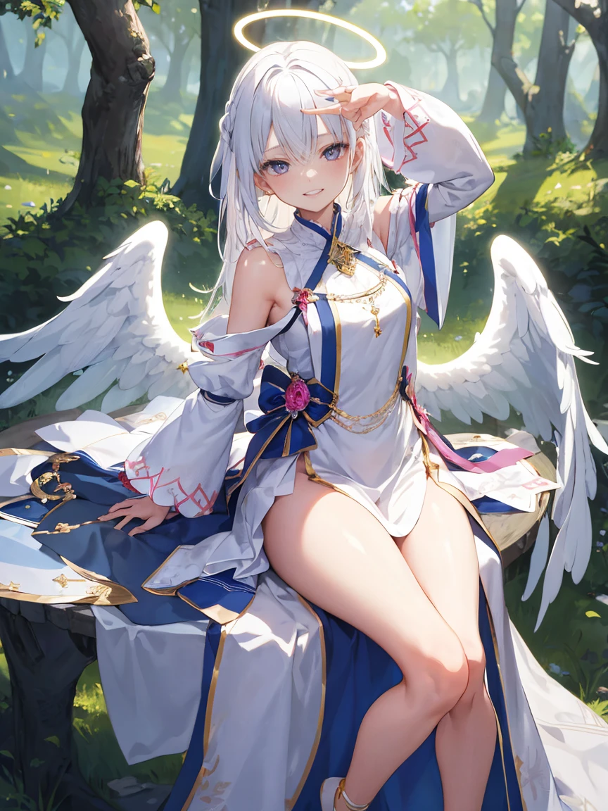 (​masterpiece, top-quality, Ultra high definition image quality、1girl in, white  hair, angelicales, Innocent), Pink detailed eyes, 大きくて美しいangelicalesの羽, full body Esbian, Arms behind, mid air, The halo, the woods, Healthy smile、Mysterious Beauty、Beauty that captivates the heart、美しい神のangelicales、