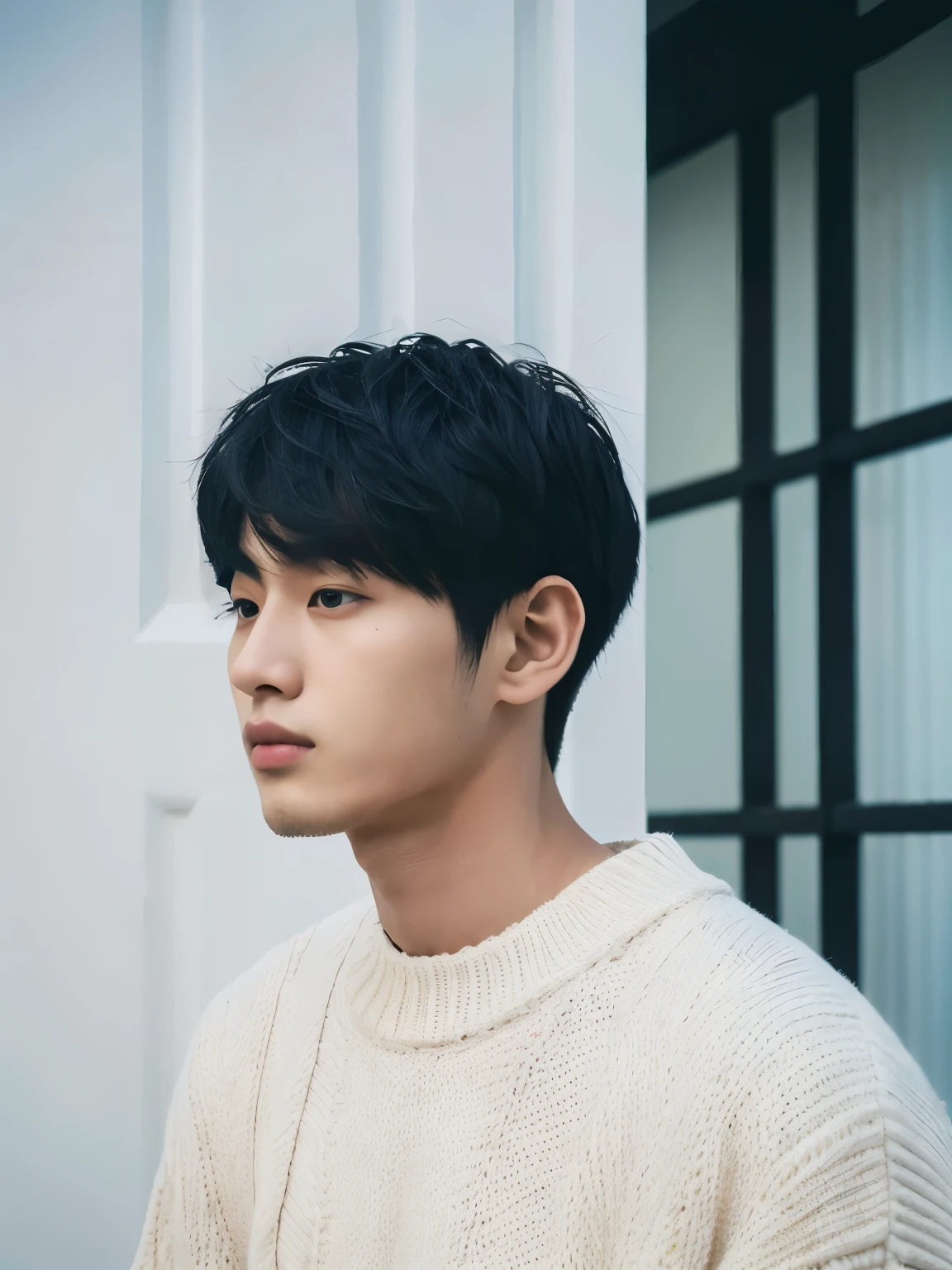 Close-up of a man wearing a black shirt and black sweater, Kim Do-yeon, Shin Jingyin(Shin Jingyin), inspired by Zhang Han, Cai Xukun's, inspired by Bian Shoumin, portrait of jossi of blackpink, male ulzzang, soft portrait shot 8 k, Blade of the Drain Gang, 27 year old boy'Pale face、Mashed Hair、Japanese man with bowl cut、white walls、Taken in front of the white door、(窓のあるwhite wallsの部屋)、Poses variadas、Autumn clothes、Winter clothes、Shot in natural light、Don't look at the camera、profile、Various hairstyles、A dark-haired