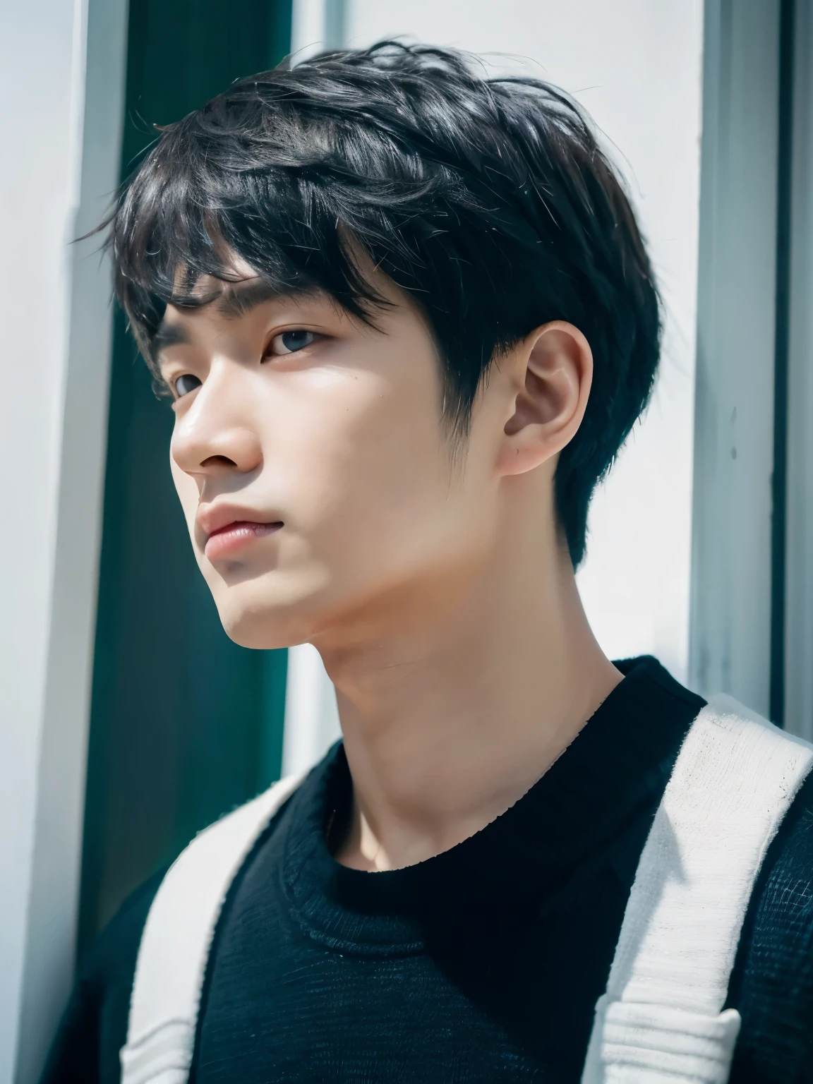 Close-up of a man wearing a black shirt and black sweater, Kim Do-yeon, Shin Jingyin(Shin Jingyin), inspired by Zhang Han, Cai Xukun's, inspired by Bian Shoumin, portrait of jossi of blackpink, male ulzzang, soft portrait shot 8 k, Blade of the Drain Gang, 27 year old boy&#39;Pale face、Mashed Hair、Japanese man with bowl cut、white walls、Taken in front of the white door、(窓のあるwhite wallsの部屋)、Poses variadas、Autumn clothes、Winter clothes、Shot in natural light、Don't look at the camera、profile、Various hairstyles、A dark-haired