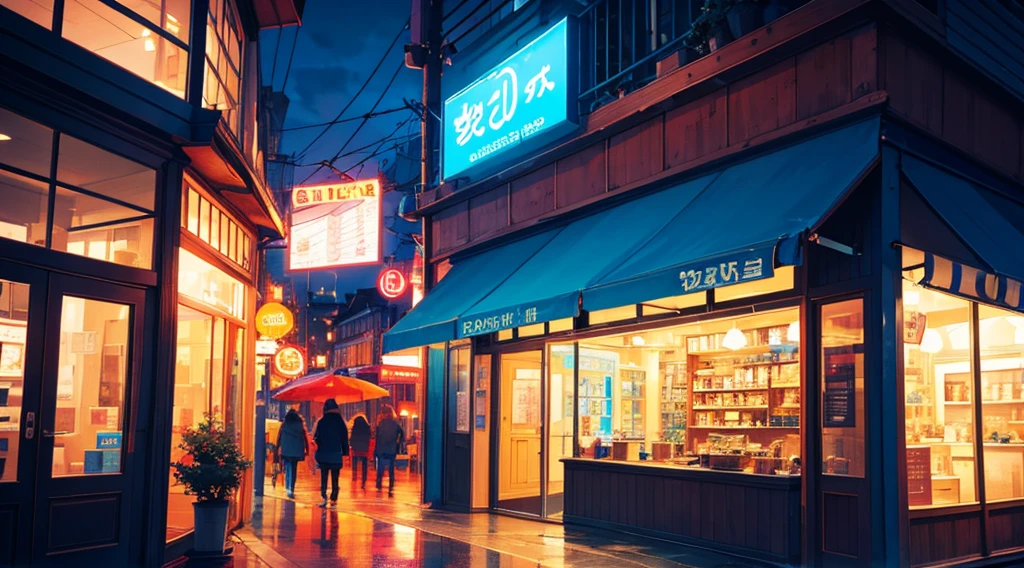 night cafe, seaside, rain outside the window, blue neon