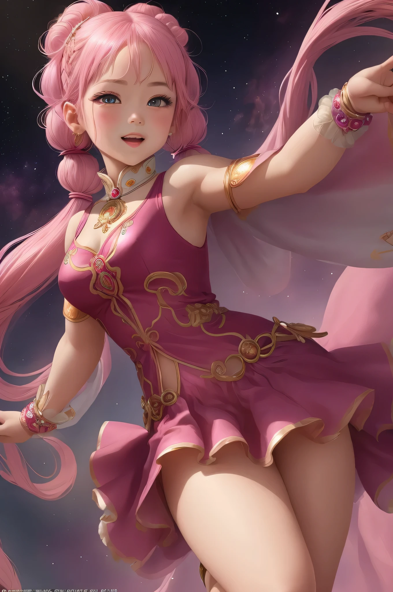 alta calidad, exquisito, Beautiful, vibrant depiction of Dancerstar Dragon Zarama Paradox, the Goddess of Destruction of the Universe 19. She is an eight-year-old girl with pink hair and adorable pigtails... The image captures her dynamic and elegant dance moves., mientras exuda poder y elegancia. Su atuendo vibrante y colorido refleja su naturaleza divina, con detalles intrincados y adornos. The composition of the image shows his energy and presence, with a captivating backdrop that complements your character. The overall atmosphere is filled with a sense of excitement and wonder, as the viewer witnesses the divine prowess of the Goddess of Destruction.