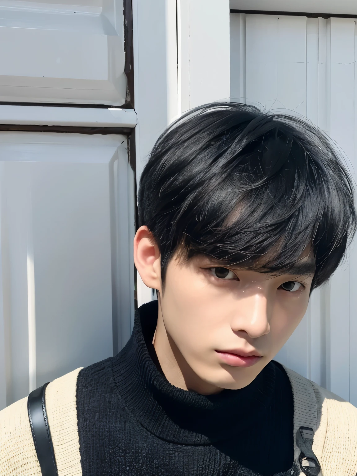 Close-up of a man wearing a black shirt and black sweater, Kim Do-yeon, Shin Jingyin(Shin Jingyin), inspired by Zhang Han, Cai Xukun's, inspired by Bian Shoumin, portrait of jossi of blackpink, male ulzzang, soft portrait shot 8 k, Blade of the Drain Gang, 27 year old boy'Pale face、Mashed Hair、Japanese man with bowl cut、white walls、Taken in front of the white door、(窓のあるwhite wallsの部屋)、Poses variadas、Autumn clothes、Winter clothes、Shot in natural light、Don't look at the camera、profile、Various hairstyles、A dark-haired