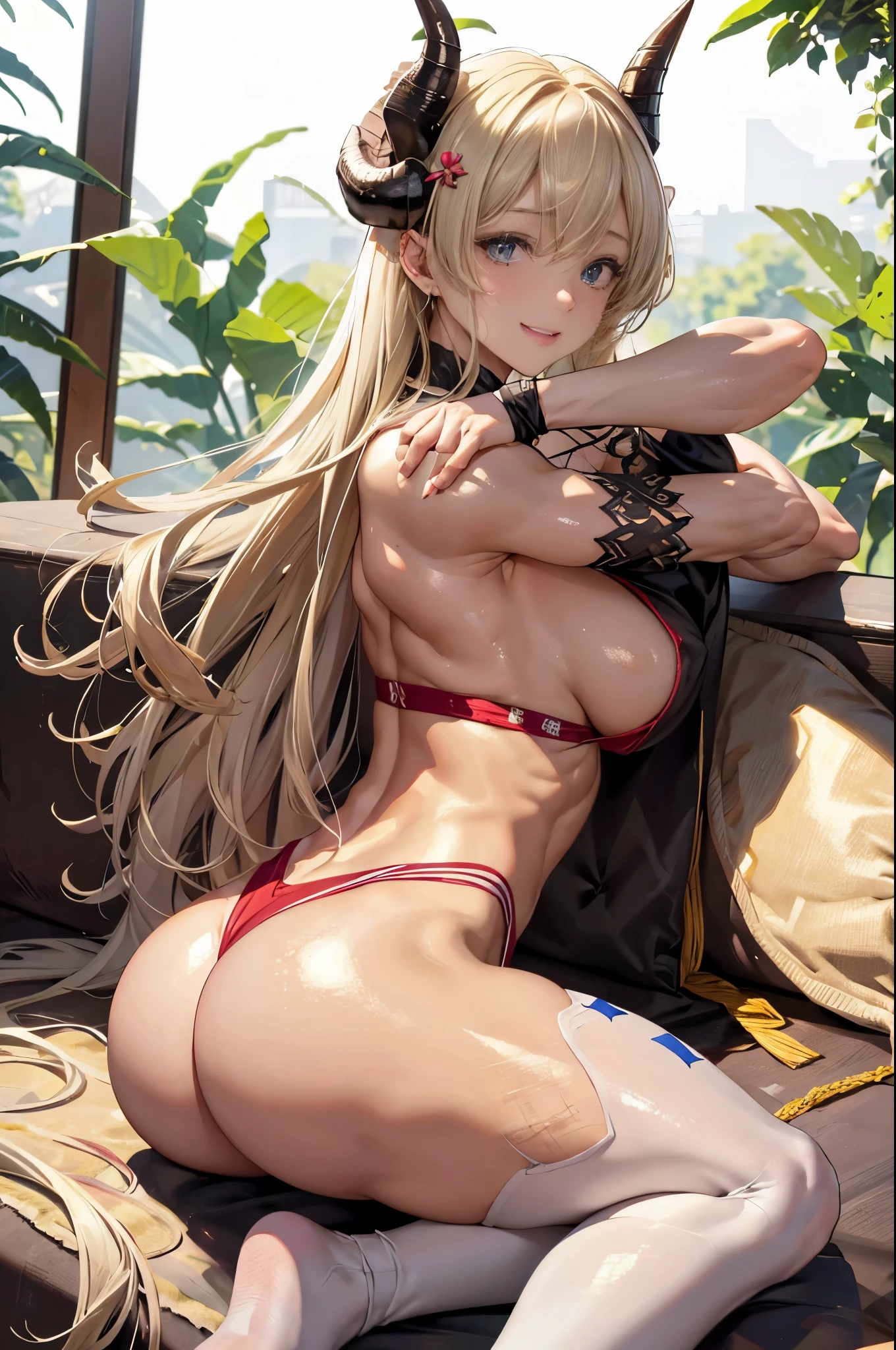 8K, 4K, Best Quality, High resolution: 1.2), (Masteristic, Realistic, Photoreal: 1.4), Three Women, With triplets, Beautiful face, she is smiling、Shining Lipin Eyes, Beholder, Fair skin, White skin: 1.5), fine complexion, full body Esbian,, Big, Big, ridiculously long hair, Blonde hair color、Bangs, Hair ornaments, with two sides up,, 年轻, White T-back、s asack-view、お尻に食い込むWhite T-back、She just wears a thong in return、big butts、Long tights、Colossal tits、H-cup、Exposed nipples、Horns are growing、It emphasizes your butt、she is the devil、Wings are growing from my back、full of sweat、Tied with a rope、Touching each other's nipples、they hug each other and love each other、