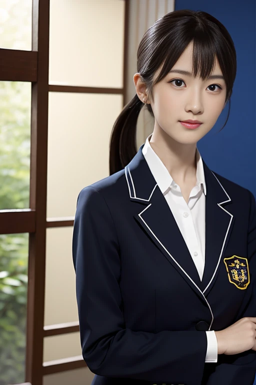 Japanese、Dance Club、11 year oldX1A beautiful 11-year-old Japanese woman with a long, slender face and jet-black eyes, jet-black hair in a long ponytail, and a neat, polite, and mature appearance, with small breasts and a slender figure.、The bra is visible、low angles、blazer uniform jacket、flered skirt