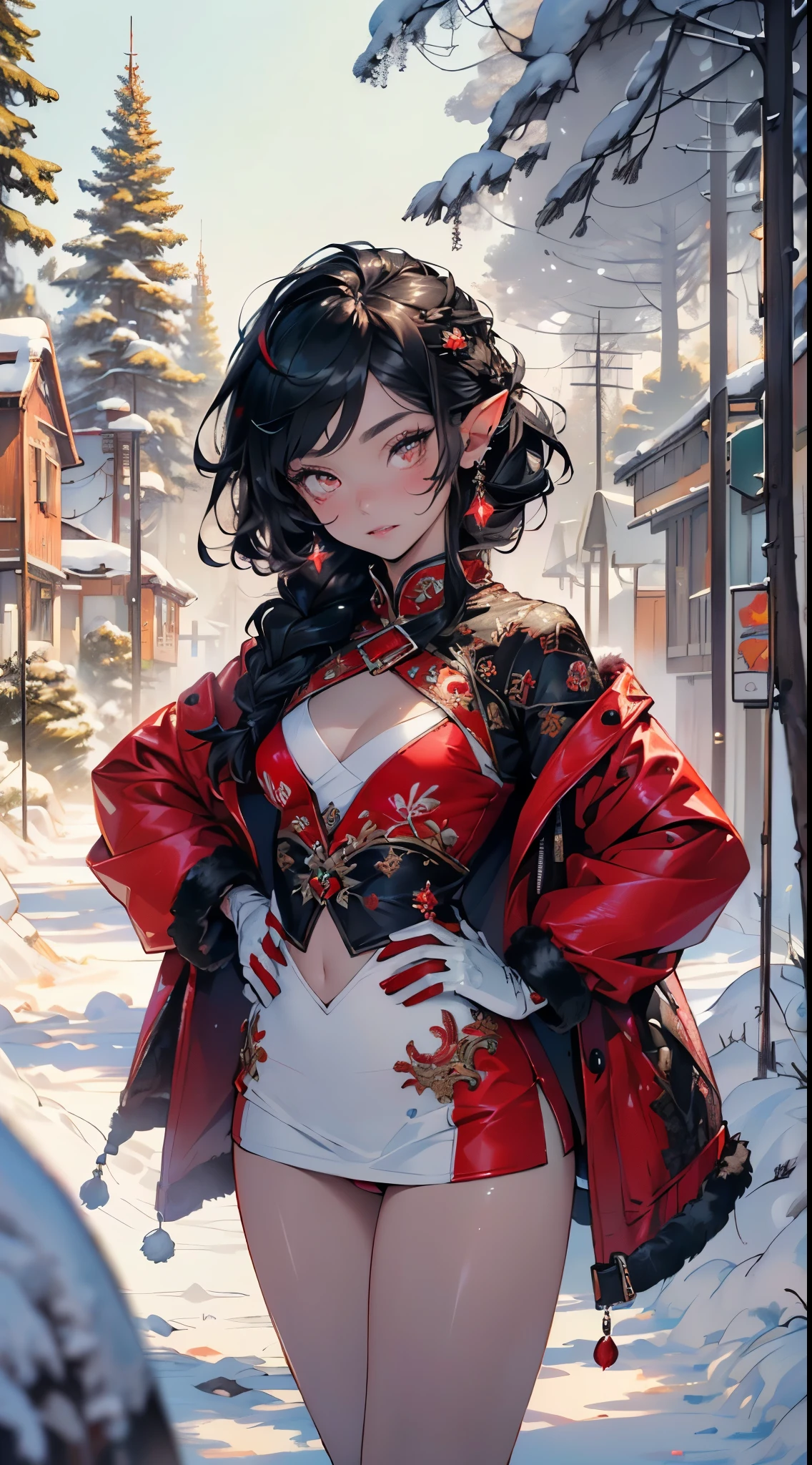 cute elf loli,girl, 1girl,(((little loli,tiny little body,small))),(((6 years old))),((anime elf loli with extremely cute and beautiful black hair)),(((elf, elf ears))),

(((flat chest))),((((black hair:1.35,hair with a braid,colored inner hair,ear breathing)))),(((red_eyes:1.3))),intricate eyes,beautiful detailed eyes,symmetrical eyes,big eyes:1.5,(((lustrous skin:1.5,bright skin: 1.5,skin tanned,shiny skin,very shiny skin,shiny body,plastic glitter skin,exaggerated shiny skin,illuminated skin))),(delicate detailed fingers,detailed body,detailed arms,human hands,(detailed face)),

cute,slutty,erotic,daring,nsfw,

zettai ryouiki,revealing clothing,show skin,(((Sexy red fur coat, red fur coat outfit, wearing a red fur coat:1.3,red winter coat))), ((red mini-skirt,red mini skirt with furry edge,visible thong straps)),((underpants strap)),(white gloves,red clothes,semi-naked,with little red clothing,((((furry edge clothing)))),(((intricate outfit,intricate clothes,embroidered outfit,ornate outfit,embroidered clothes,ornate clothes))),

(dynamic pose:1.0),embarrassed,(centered,scale to fit dimensions,Rule of thirds),

((snowy pine forest)),winter,scenery:1.25,((intricate scenery)),((snow forest background)),Christmas tree,

(Glossy winter ornaments),highres,sharp focus,(ultra detailed,extremely detailed),(photorealistic artwork:1.37),(extremely detailed CG unity 8k wallpaper),(((vibrant colors,vibrant theme))),(intricate),(masterpiece),(best quality),