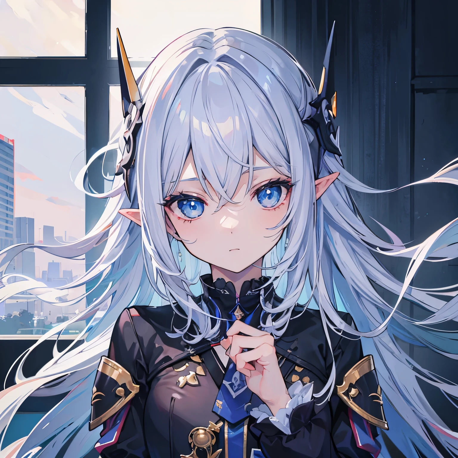 best quality, (tiro largo), cgssociedade, 8k, ultra-realistic, master part, dark elf child, cabelos brancos, olhos azuis, roupas brancas, black handkerchief, Olhando para cima, parte superior do corpo, mecha de cabelo, pele escura, cabelos lisos e soltos