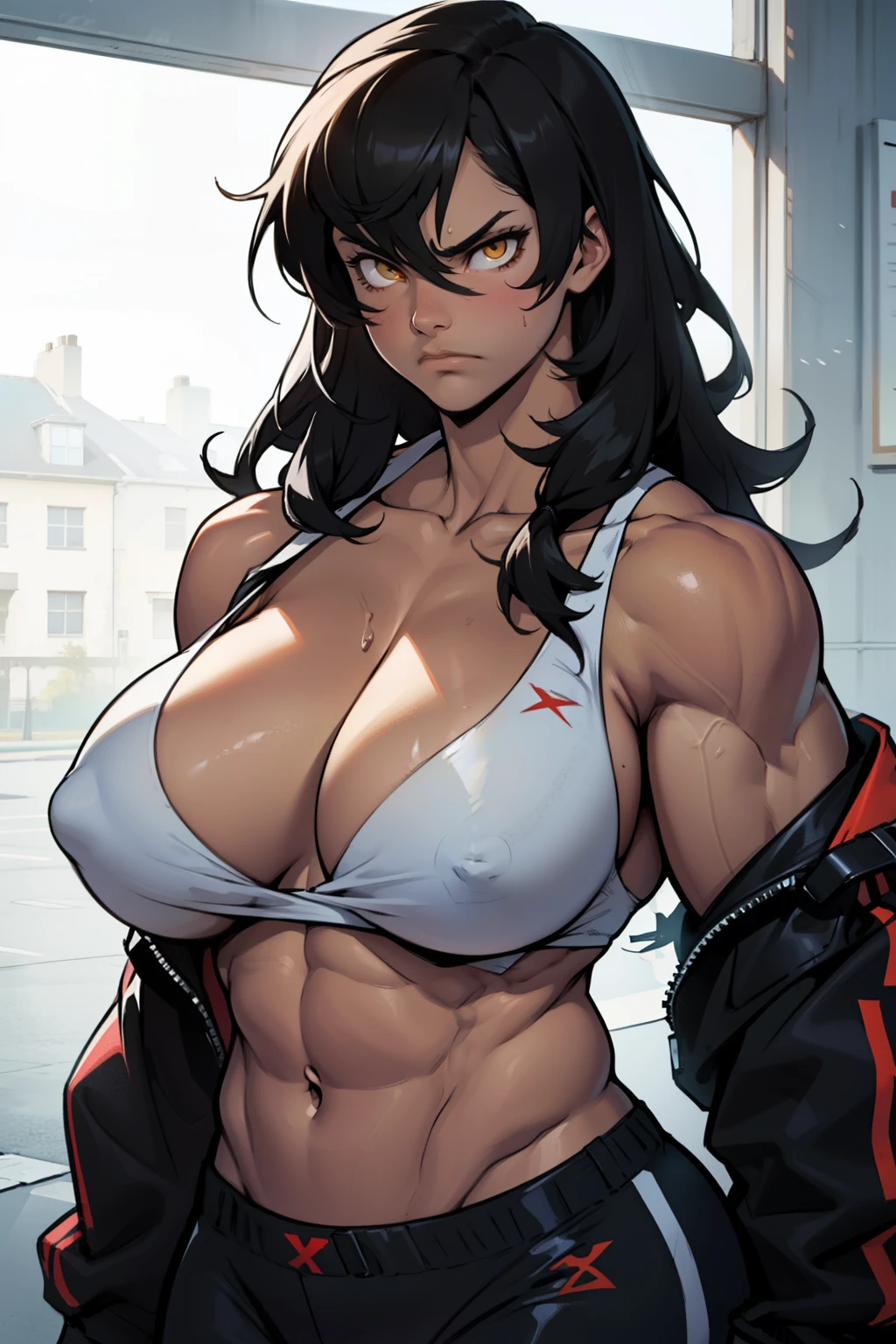 frown sad (((muscular girl toned body massive breasts))) yellow eyes black hair