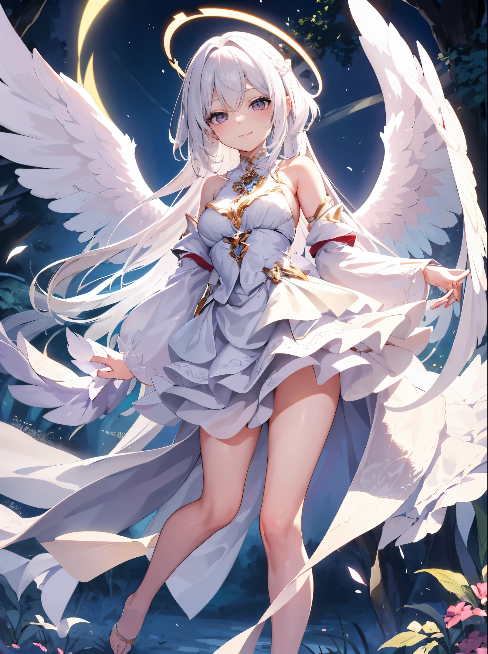 (masterpiece, top-quality, Ultra high definition image quality、1girl in, white hair, angelicales, Innocent), Pink detailed eyes, 大きくて美しいangelicalesの羽, full body Esbian, Arms behind, mid air, The halo, the woods, Healthy smile、Mysterious Beauty、Beauty that captivates the heart、美しい神のangelicales、