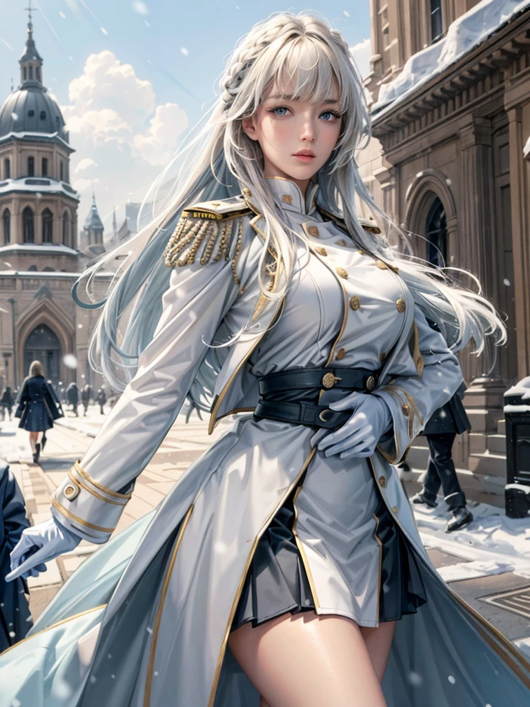 (highest resolution, distinct_image) Best quality, single person, one girl, solo, masterpiece, highly detailed, realistic, long hair, braided white blond hair, (blue military uniform underneath coat), depth of field, outdoor background, falling snow, ((big breasts)), authoritative, dignified, calm and powerful expression, ambient lighting, exquisite facial features, fur trimmed white coat, open coat, skirt, looking at viewer, head to waist, in a terrace of a monumental building, (((front bangs))), dynamic angle, striking a pose
