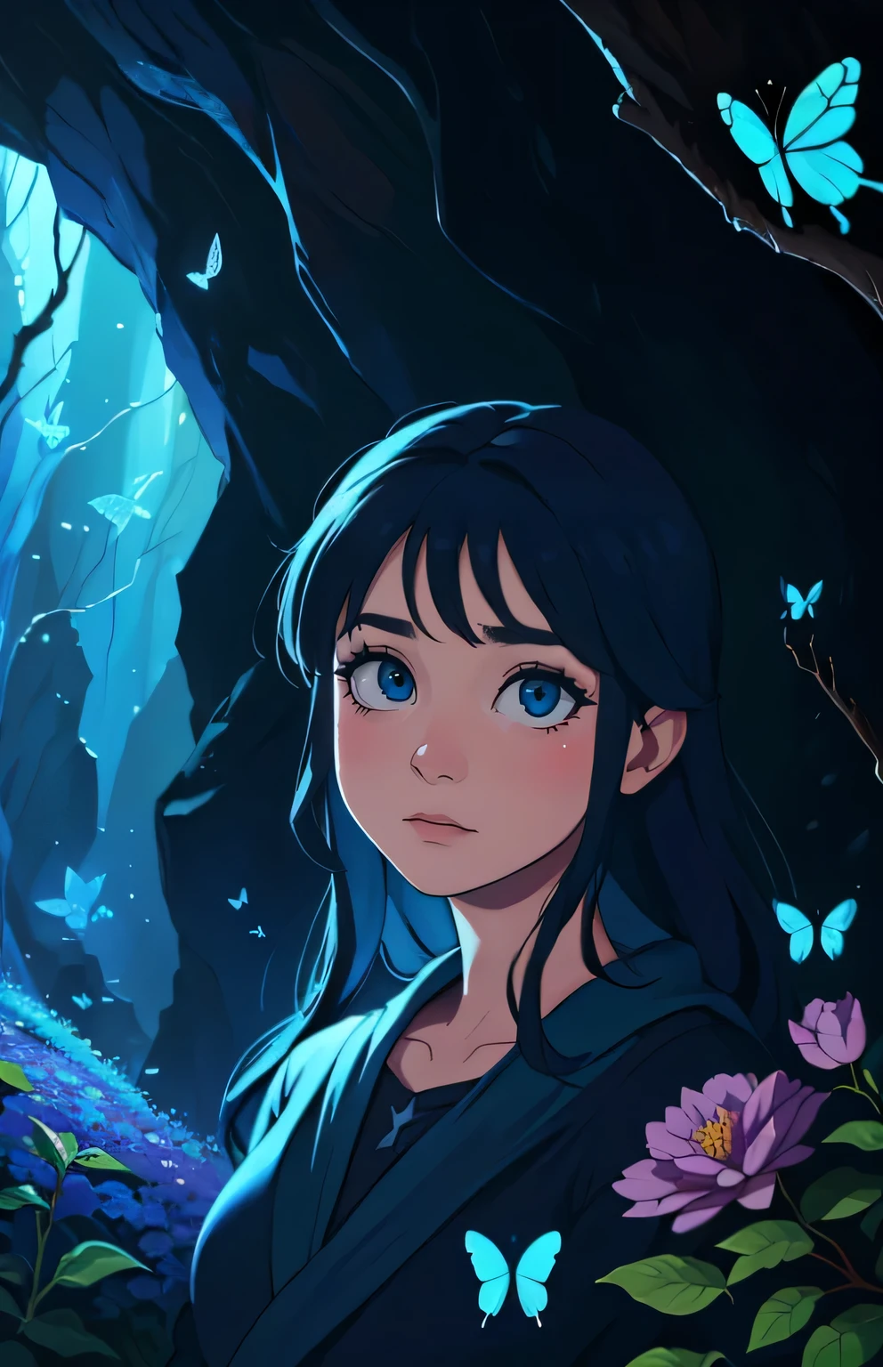 wearning bushes (in the middle of a cave,blue,magical butterflies),oil painting,highres,ultra-detailed,portrait,vivid colors,warm sunlight magic water