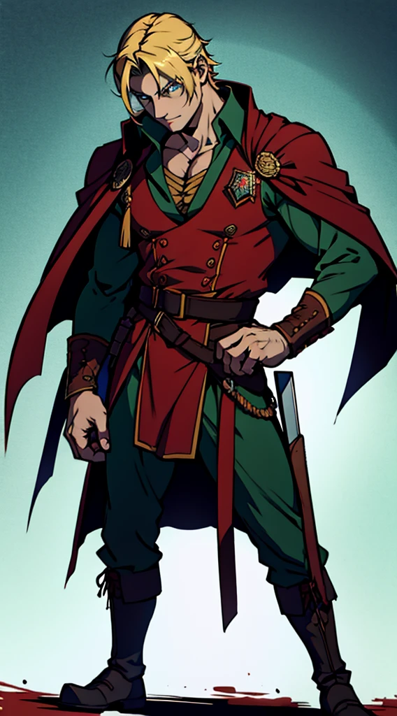 full body, dark green uniform, red-brown cloak, tattered clothes, bloodstained clothes, gritty soldier, dirty, exhausted, noble, tired, victorious, blond, blue eyes, anime, Art Deco, Gothic art, anime style, anatomically correct, masterpiece, high details, high quality, beautifully detailed eyes, captivating gaze, vivid colors, skillfully executed lighting, studio lighting techniques bringing out the man's features and the overall mood of the scene