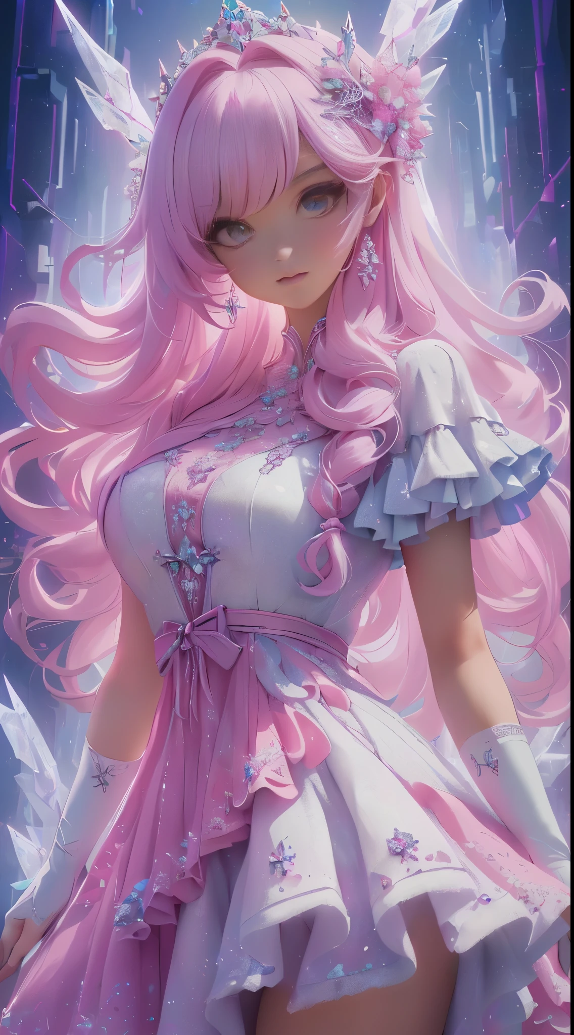 Ariana Grande vestida con un miniskirt de cuarzo violeta, Arte digital 4K altamente detallado, Arte digital detallado 4K, Beeple y Jeremiah Ketner, Digital Cyberpunk - Arte Anime, digital artwork 4 k, Arte detallado de alta calidad 8K, Estilo Art Wallpaper 4K, (fondo cuarzo gigantes minerales:1.4) , More detailed 8K.motor irreal:1.4,UHD,La mejor calidad:1.4, fotorrealista:1.4, textura de la piel:1.4, obra maestra:1.8,obra-prima, mejor calidad,objeto Objeto], (detailed face features:1.3),(Las proporciones correctas),(convexo,Dedos detallados:1.4)   ,（Beautiful and detailed eye description:1.4）,(Perfect anatomy),(vestido corto de cristales  de cuarzo violeta:1.4), (cristales cuarzo:1.4), (ropa de cristales de cuarzo pink :1.4),(mostrando panties White:1.4) ,cristales de cuarzo pink, (fragmentos de cristales de cuarzo pink en el vestido:1.4), (vestido pink cristales cuarzo), (cabello largo pink:1.4),