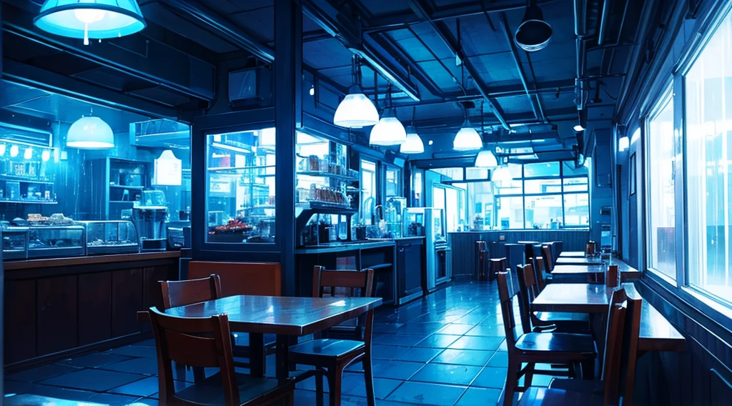 Inside the seaside cafe, night time, rain outside the window, blue neon