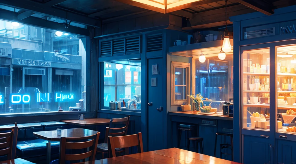 Inside the seaside cafe, night time, rain outside the window, blue neon