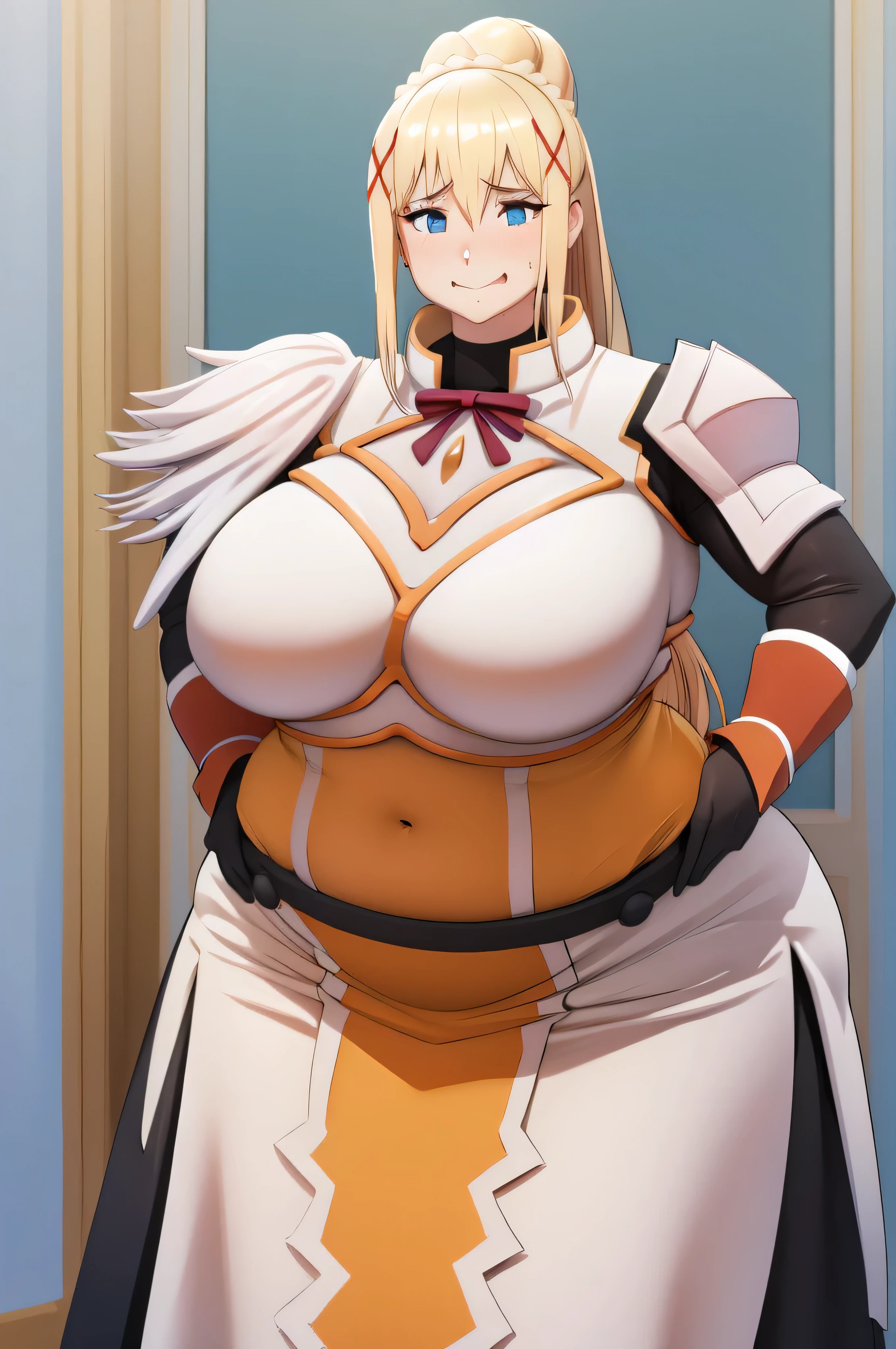 Darkness, Konosuba, Curvy, blonde girl, horny, muito gordo, (quadris largos:1.3), coxas enormes, grossas e macias, SSBBW, muito gordo flabby arms, realistic lighting, High detail, Qualidade HD, Rosto detalhado, sombreamento realista, rolos de gordura, massive size, gigantescos enormes seios transbordando de gordura, massive cleavage, Peso pesado, plussize, everything is fat, textura macia, olhos grandes bonitos, semi-realista, Dynamic angle, pattern clothes