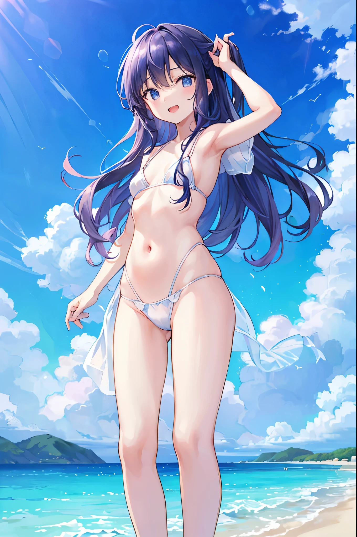 ((4K、8K、top-quality、Perfect fingers: 1.perfect anatomia: 1.3、Background blur))、((ers old、Lori、small tits 、cute big droopy eyes、stright long hair、a beautiful slender girl、The best smile with open mouth))、（onepiece swimsuit、frilld）、Full-body angle、Blue sky and white sand beach、