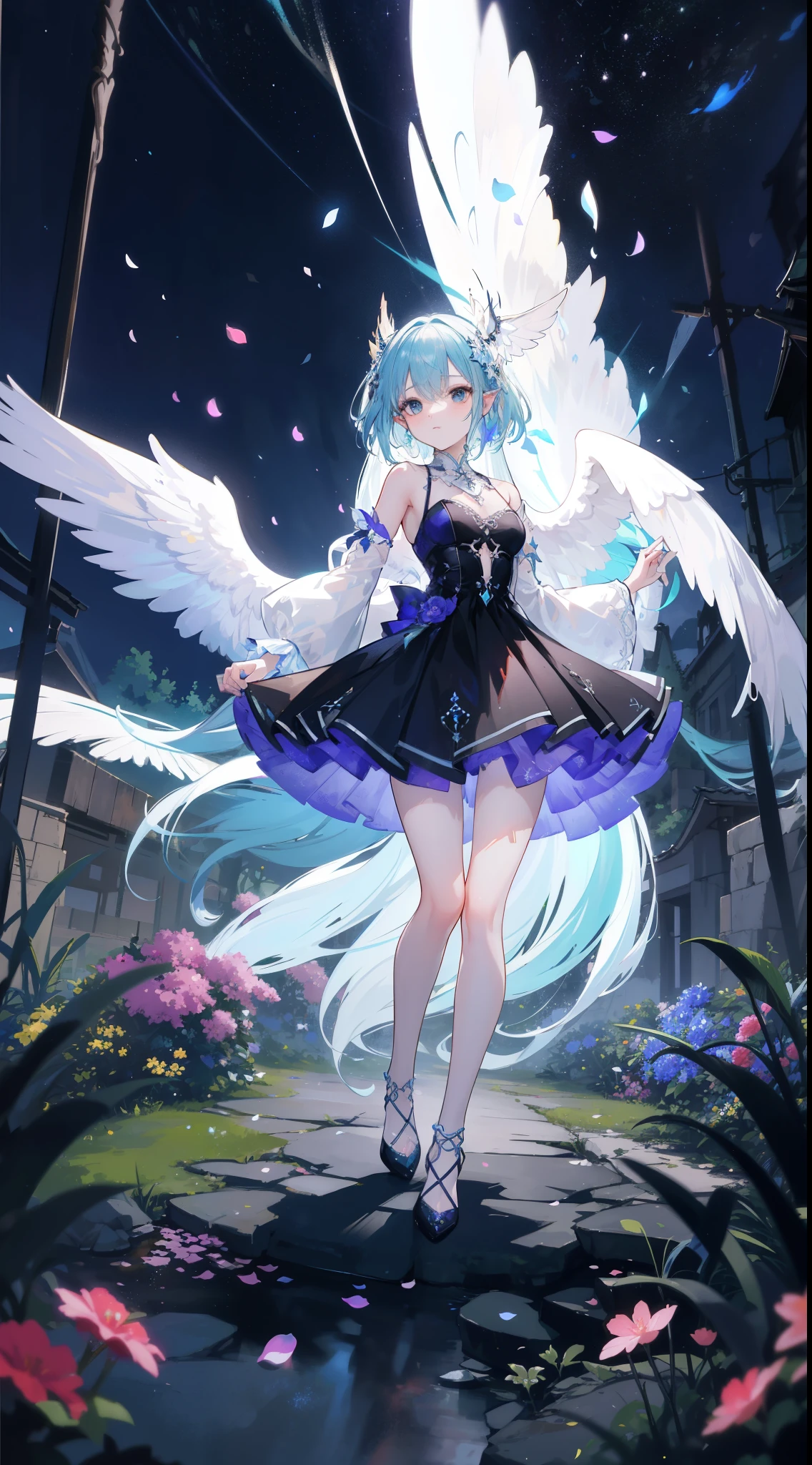 In a realm of enchantment, within a magical forest, A mysterious angel elf girl appears, a radiant being adorned in gossamer threads of moonlight. Her skirt, woven from petals and stardust, shimmers with an iridescent glow, reflecting the celestial canopy above. Flowering trees々As she flutters her wings in the midst of sparkling fireflies, the air resonates with the ethereal symphony of nature's whispers, Creating a place where dreams and reality are intertwined,Dances that form pure charm,Mo size,Full body photo,中景 the scene is the most beautiful form of chaos, elegant, a brutalist designed, vivid colours, romanticism, by Artgerm, Wadim kashin, Kawacy