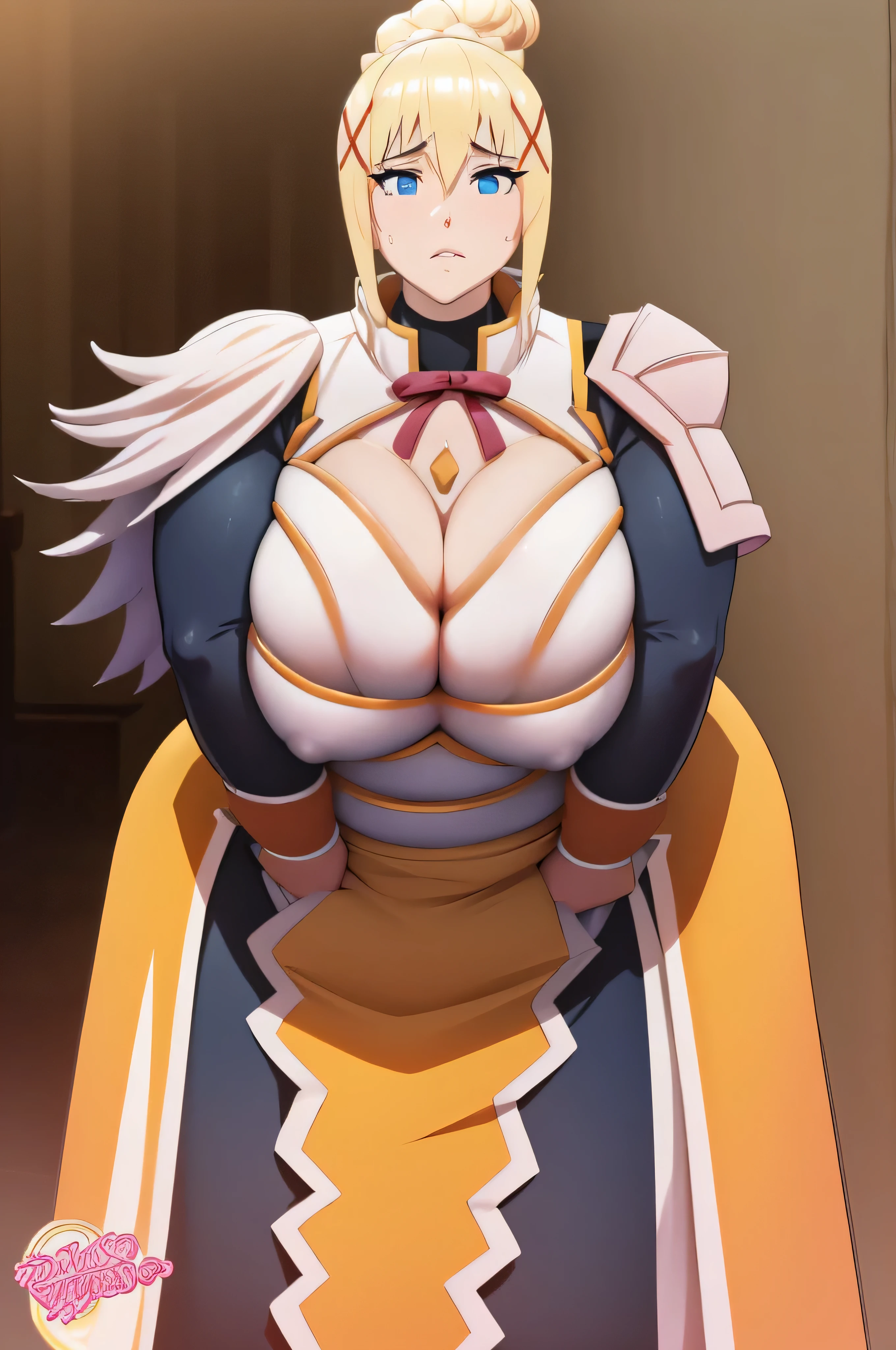 Darkness, Konosuba, Curvy, blonde girl, horny, muito gordo, (quadris largos:1.3), coxas enormes, grossas e macias, SSBBW, muito gordo flabby arms, realistic lighting, High detail, Qualidade HD, Rosto detalhado, sombreamento realista, rolos de gordura, massive size, gigantescos enormes seios transbordando de gordura, massive cleavage, Peso pesado, plussize, everything is fat, textura macia, olhos grandes bonitos, semi-realista, Dynamic angle, pattern clothes