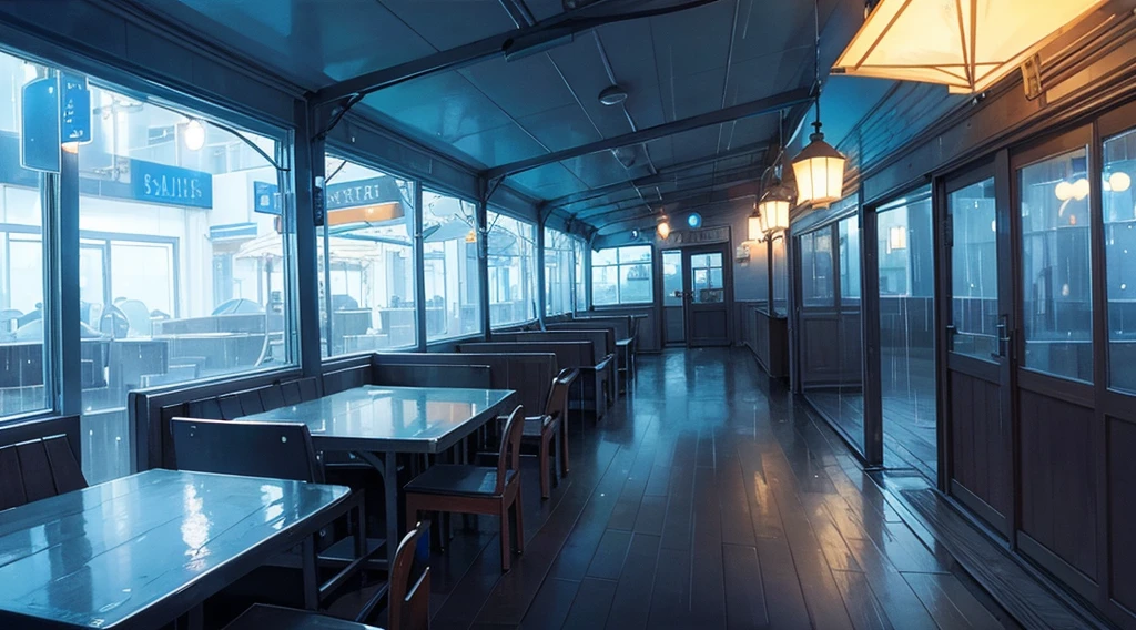 inside the seaside cafe, night time, rain outside the window, blue neon