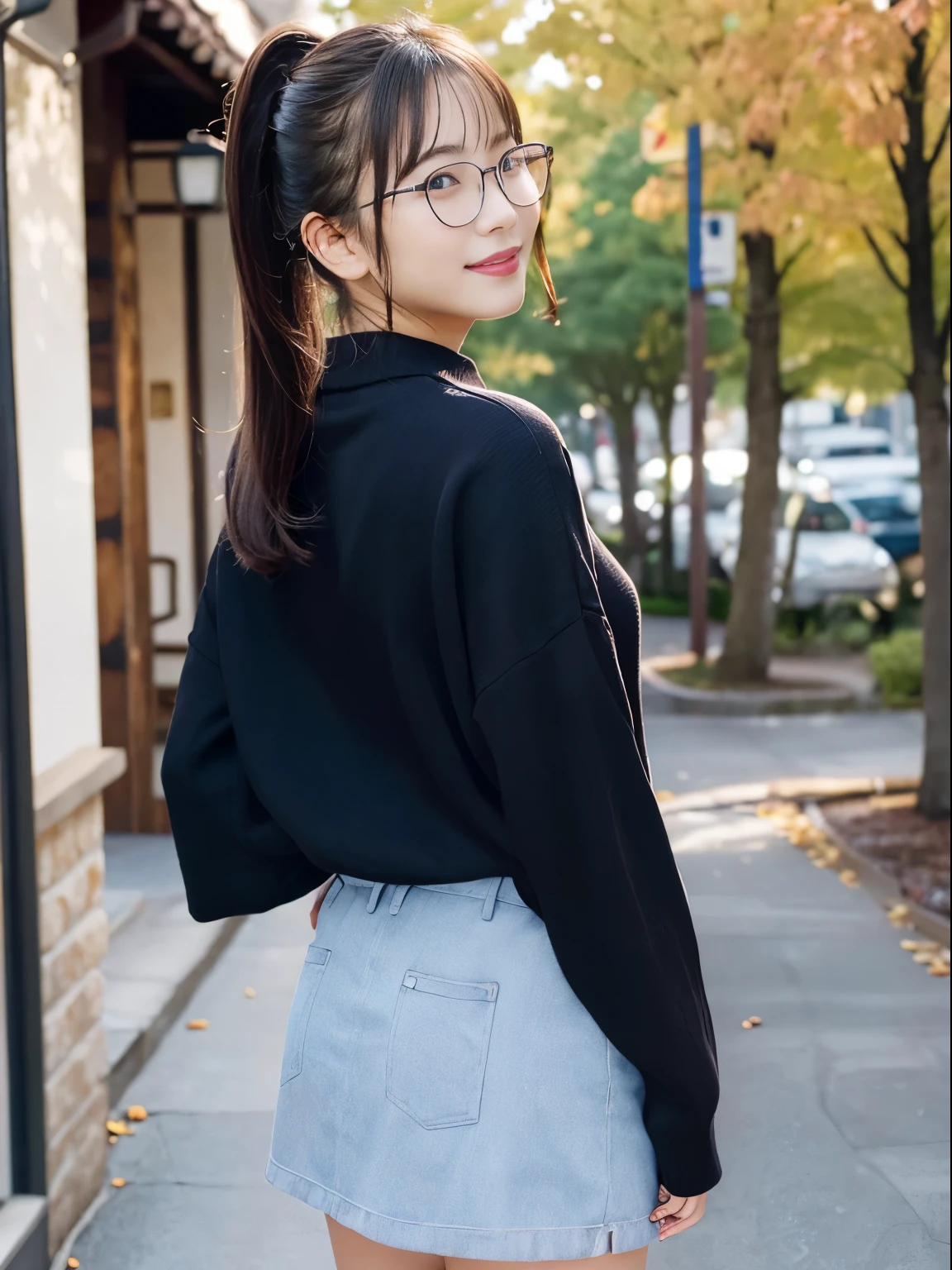 in 8K,Best Quality:1.4, 超A high resolution:1.5, (Photorealistic:1.4),masterpiece:1.2,(top-quality:1.4)、 Raw photo、Japan girls in casual clothes、Hi-Res、The ultra-detailliert、natural skin textures:1.3, realistic eyes and face details:1.7、nogizaka, cute face、30-years old:1.2、thighs thighs thighs beautiful legs、Textured skin:1.2 、 (Shy smile:1.2)、Medium chest、Black eyes with beautiful details、(Casual clothing:1.2)、FULL BODYSHOT、Colored leaves、a miniskirt:1.2、is standing、autumnal、(Park on the hill)、beautful view、Backshots、a smile、Ponytail hair、Black-rimmed glasses