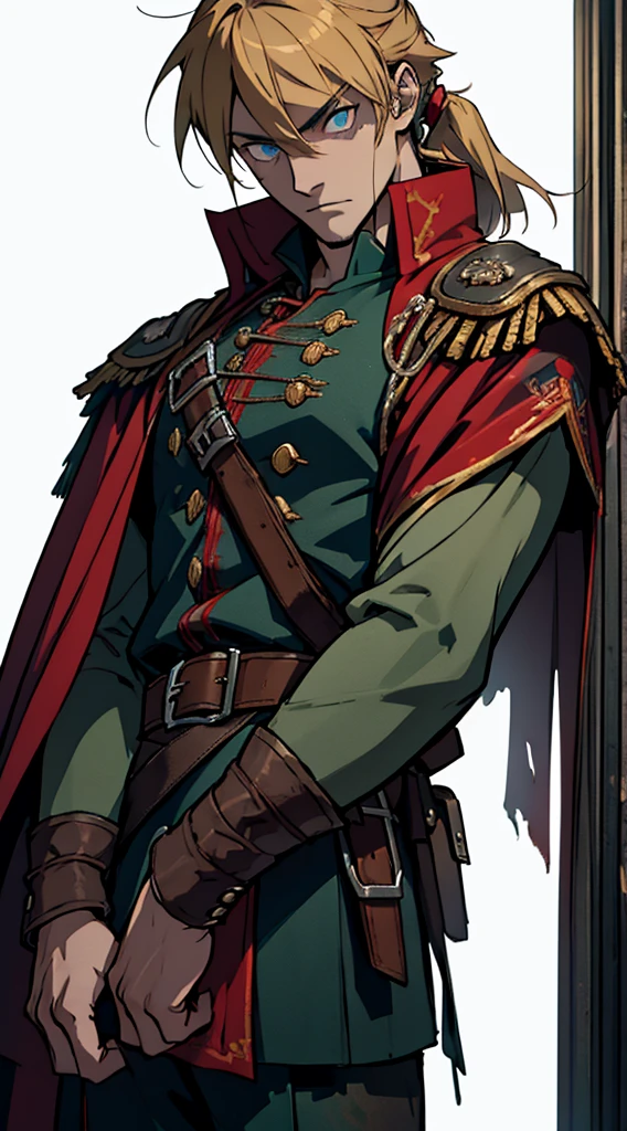 full body, dark green uniform, red-brown cloak, tattered clothes, bloodstained clothes, gritty soldier, dirty, exhausted, noble, tired, victorious, blond, blue eyes, anime, Art Deco, Gothic art, anime style, anatomically correct, masterpiece, high details, high quality, beautifully detailed eyes, captivating gaze, vivid colors, skillfully executed lighting, studio lighting techniques bringing out the man's features and the overall mood of the scene