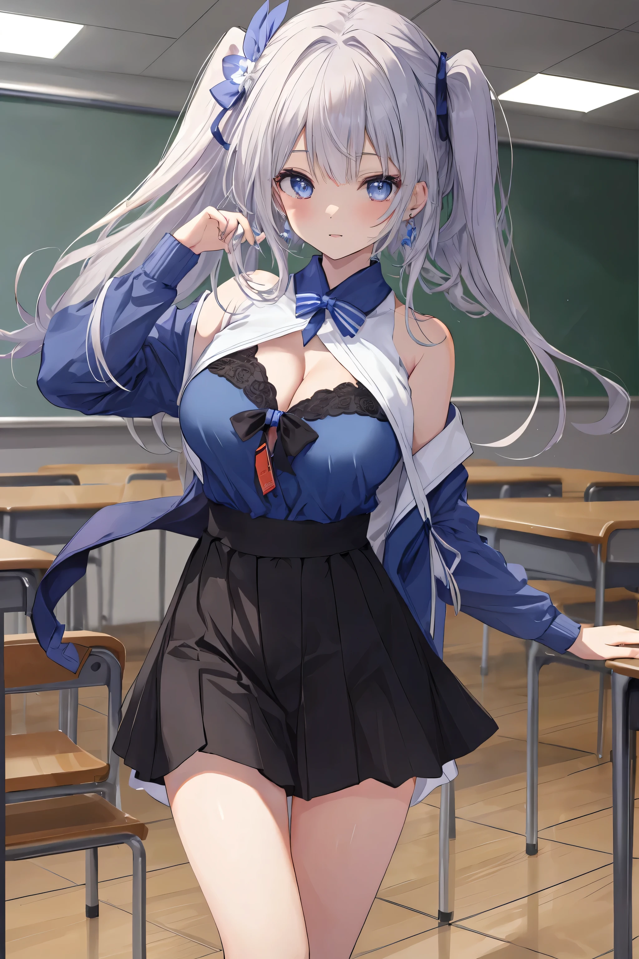 {((Anime, sur l’art, profondeur de champ, Flou de mouvement, Lumière rougeoyante, UHD, rétine, Chef-dœudansre, ccurate, anatomiquement correct, peau texturée, Super détail, high détails, de la haute qualité, Primé, meilleur qualité, Haute résolution, 16k))} . | {((étudiante japonaise, coiffure de dame noble, Beaux yeux détaillés, grosse poitrine, clivage, joyeux))} . | {((boucles d'oreilles en forme d'étoile, vêtements décontractés, dans sa classe d'école))} . | {((Grands angles, Haut du corps, (Parfait_doigts:1.0), (Parfait_jambes:1.0), mieux_mains, plus_détail))} Thème bleu