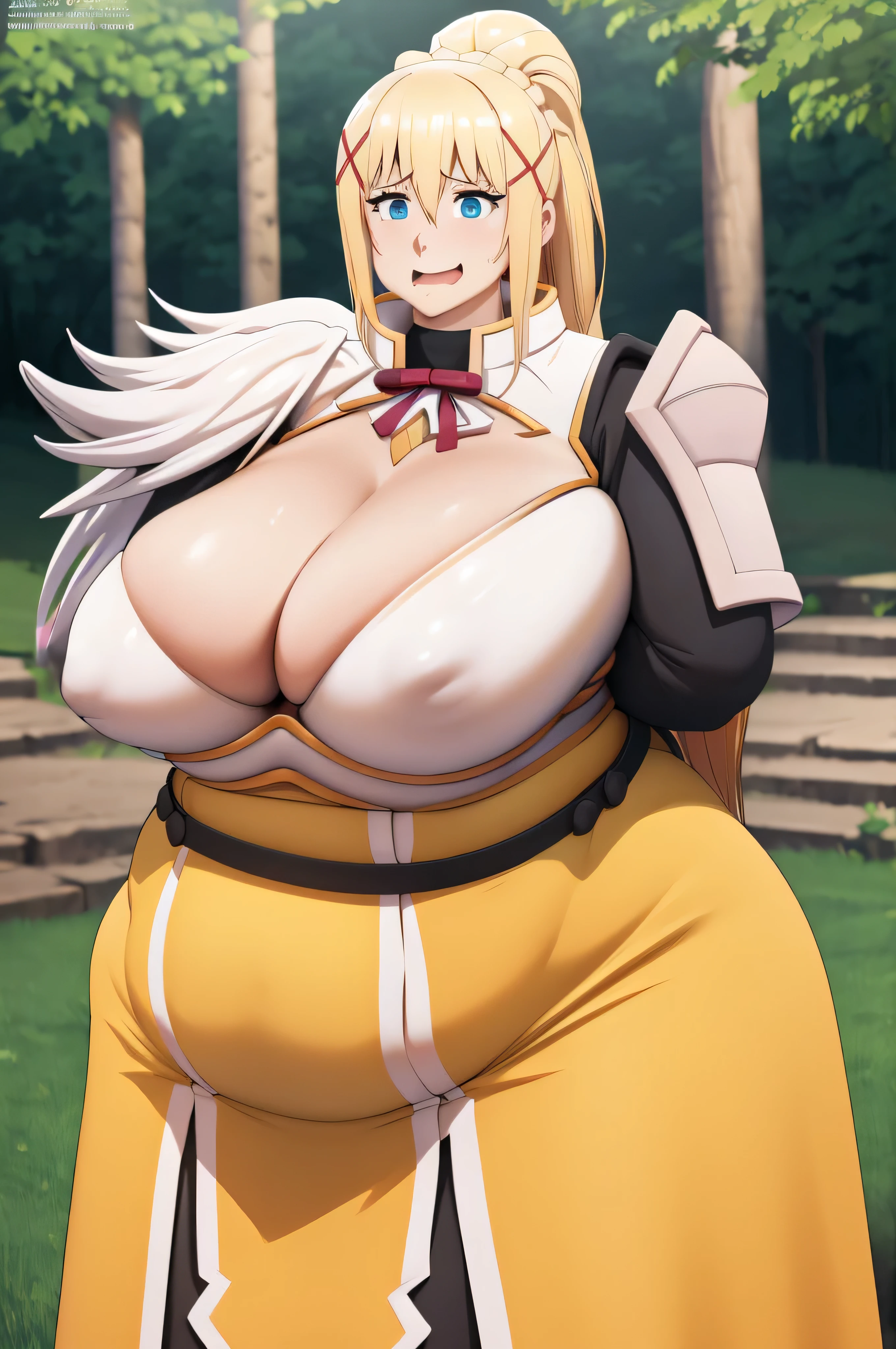Darkness, Konosuba, Curvy, blonde girl, horny, muito gordo, (quadris largos:1.3), coxas enormes, grossas e macias, SSBBW, muito gordo flabby arms, realistic lighting, High detail, Qualidade HD, Rosto detalhado, sombreamento realista, rolos de gordura, massive size, gigantescos enormes seios transbordando de gordura, massive cleavage, Peso pesado, plussize, everything is fat, textura macia, olhos grandes bonitos, semi-realista, Dynamic angle, pattern clothes