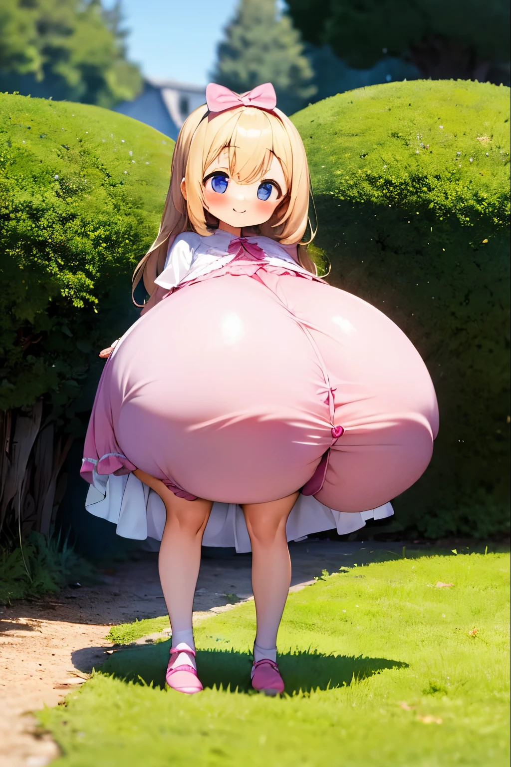 1girl, in the castle, very short girl, (Disproportionate ultra hyper megA gigantic largest boobs), oppai loli, smile, fullbody, pink lolita dress, walking, Princess, long skirt, blonde long hair, saggy boobs, motion blur,