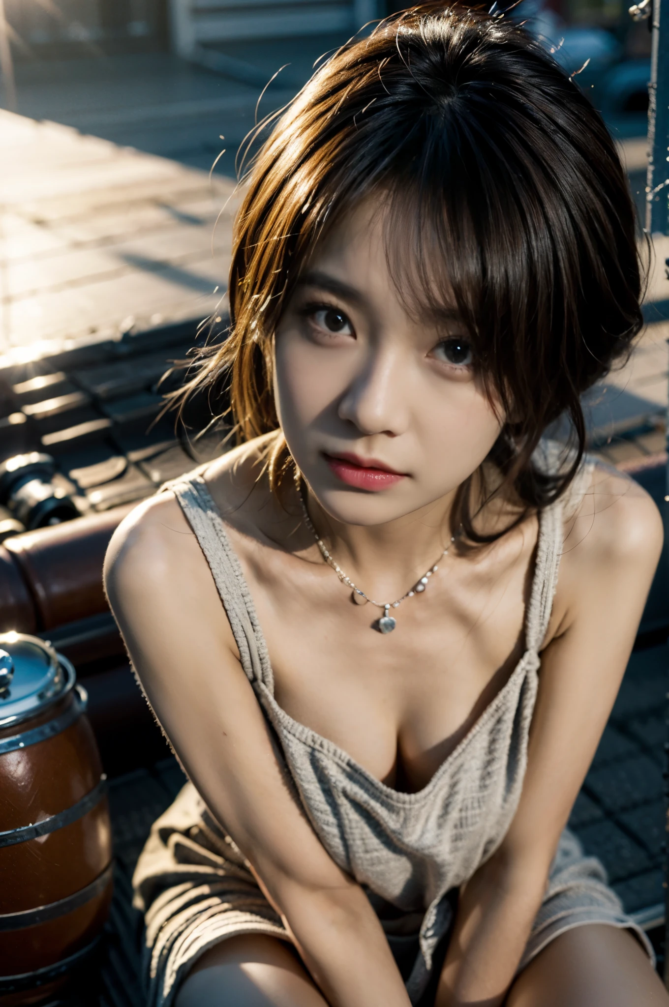 (Photoreal Stick:1.5, masutepiece:1.5, 8K, RAW shooting), (top-quality, masterpiece, 超A high resolution), Perfect dynamic composition:1.3, Professional camera work:1.4, Highly detailed skin and facial texture:1.3, Mystical portrait, Grow Light Effect, The ultra-detailliert, 1girl in, (Shoot with blur:1.5, fog the lens:1.5), ((On the rooftop, the morning sun, Intense sunlight:1.4, Sunlight pouring down from above:1.4, Strong sunlight spreads across the screen:1.4)), (thin satin fabricVNeck dress), Model body type, Clear face, (Eyes that feel beautiful eros:0.9, Enraptured look:1.0, i love you completely:0.8, slightly open mouth, A mouthfeel that feels beautiful eros:0.7), (Dark brown medium hair, the hair flutters with the wind), the chest is medium, a necklace), (leaning, Sit up), ((seductiv, Bewitching, low angles))