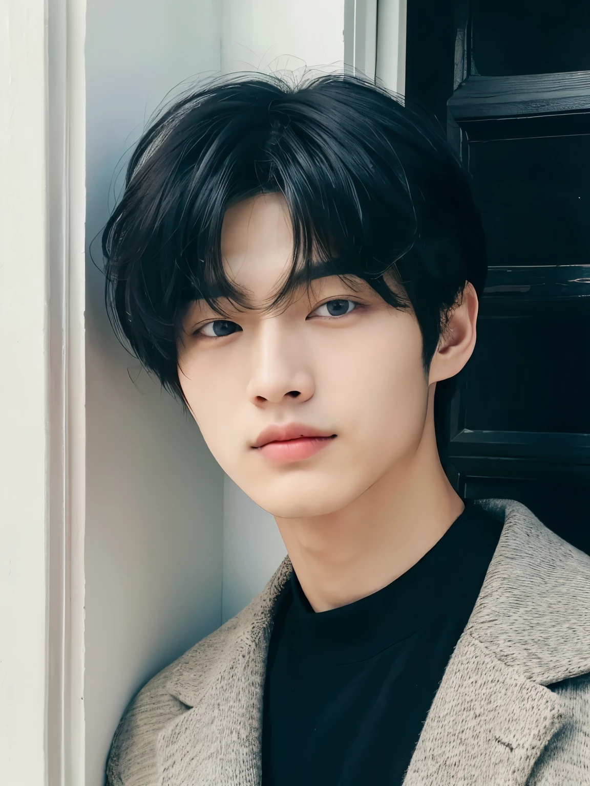Close-up of a man wearing a black shirt and black sweater, Kim Do-yeon, Shin Jingyin(Shin Jingyin), inspired by Zhang Han, Cai Xukun's, inspired by Bian Shoumin, portrait of jossi of blackpink, male ulzzang, soft portrait shot 8 k, Blade of the Drain Gang, 27 year old boy'Pale face、Mashed Hair、Japanese man with bowl cut、white walls、Taken in front of the white door、(窓のあるwhite wallsの部屋)、Poses variadas、Autumn clothes、Winter clothes、Shot in natural light、Don't look at the camera、profile、Various hairstyles、A dark-haired