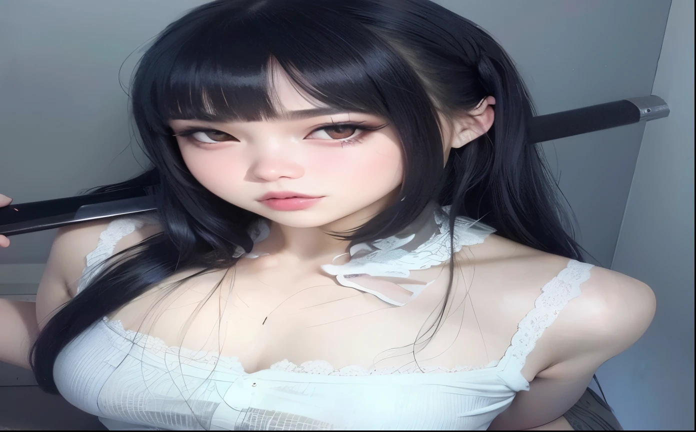 There's a woman with a knife in her hand posing for a photo, preto hime corte cabelo, cruel korean goth girl, menina anime in real life, branco hime corte penteado, Ela tem cabelo preto com franja, menina anime , Ulzzang, 1 7 - year - old anime goth girl, com rabo-de-porco preto, com cabelos longos e olhos penetrantes, kpop girls, black pink Jennie, blackpink rose, blackpink Jisoo, blackpink Lisa, twice, sana, mina, tzuyu, dahyun, kpop girls cute