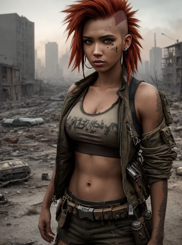 a close up portrait photo of 23 y.o woman in dirty wastelander clothes, survivor, war, postapocalyptic, red hair, mohawk, military haircut, scarred dirty face, filipina, mixed, asian features, asian eyes, bandolier, ammo, canteen, grenades, smoke bomb, ammo pouch, knife, holster, tech jacket, walkie talkie, torn tank top underneath, light brown skin, slim body, piercing eyes, tank commander, background is city ruins, gritty post-apocalyptic background, (high detailed skin:1.2), 8k uhd,dslr,soft lighting,high quality