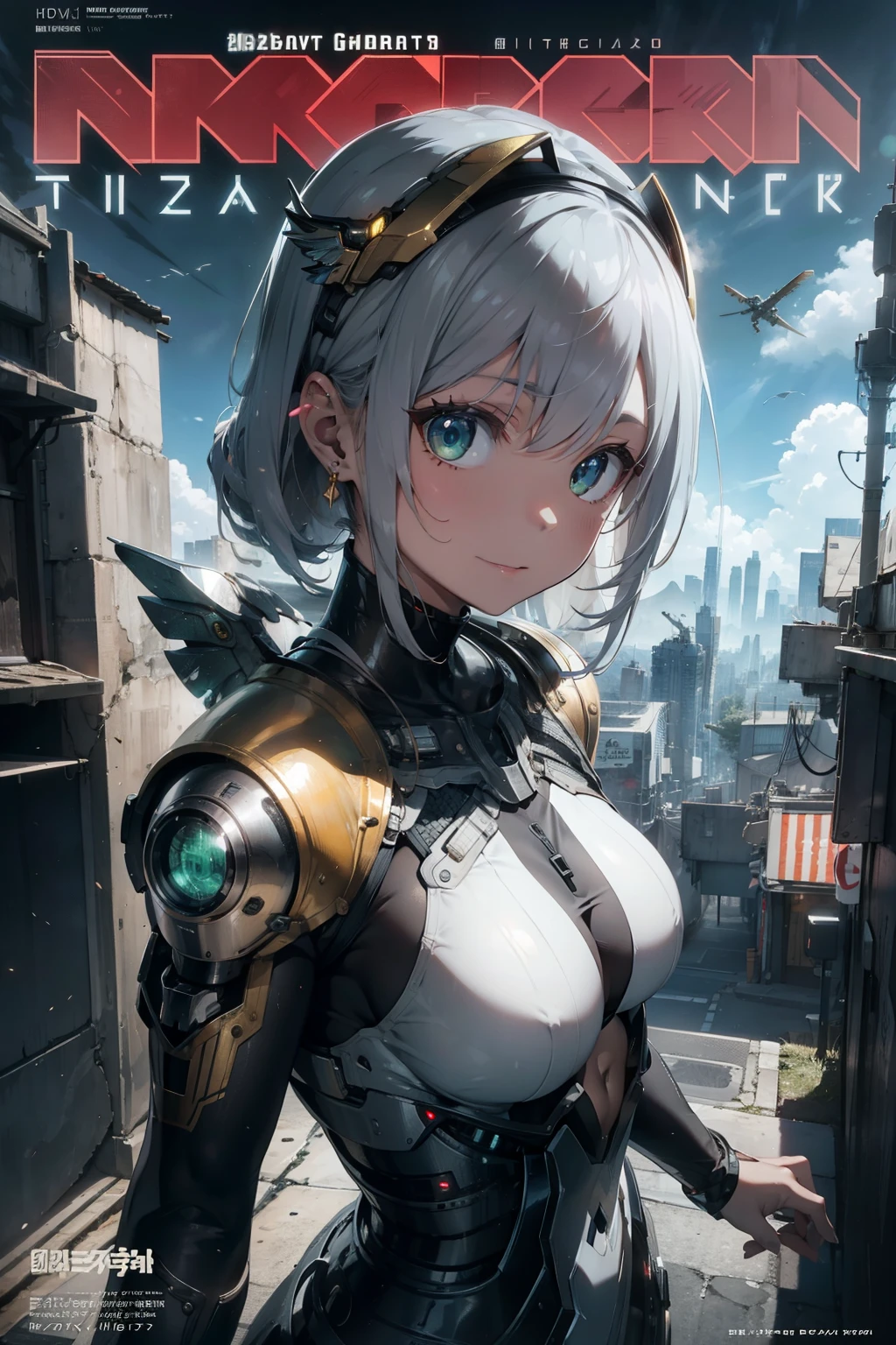 masterpiece, (best quality), (ultra-detailed), (ultra-realistic:1.2), landscape, sci-fi, transistorpunk, cyberpunk, biopunk, (magazine cover:1.4), (gray, white), female huge robot, visor, earring, mechanical angel wings on the back, angel wings, future town, dynamic pose, dynamic angle, small breasts, luxury, (gold, silver, green), neon