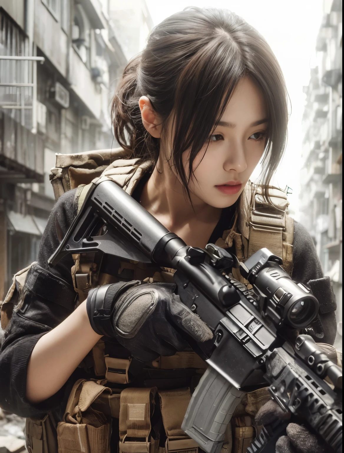 Photorealsitic、Realistic skin textures、automatic rifle、rubble