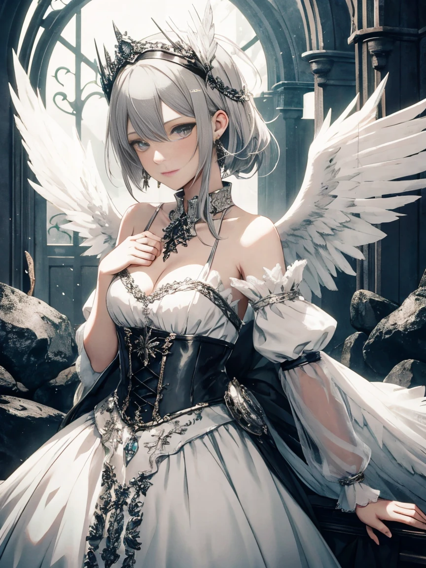 Rustic Core, contest winner, pixiv, Hate gray-haired women with wings and jewelry on their heads and chests, She wears a white dress with silver wings and a silver collar, (charlie bowater:0.158) , (:0.073) , (Portrait of character:0.265) , (white glove fantasy art:0.457) and seaweed, Extremely beautiful, analytical art, 8K, Best Quality, Daygro Orange Dust Particles, Digital SLR, Anaglyph effect
