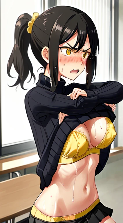 Photo of a japanese female girl with saggy breasts, (((undressing))) inside (classroom), 20yo, skinny,slender body,tall body, fair skin, dimples, light, detailed face, embarrassed face, ((looking disgusted)), ((very angry)), (dissapointed), Perfect breasts, small breasts, natural breasts, big nipples, A cup, (((ponytails))), (((sweater))), (((yellow cotton bra))), (cotton panties), (((black mini skirt))), (sweat:1), (wet)