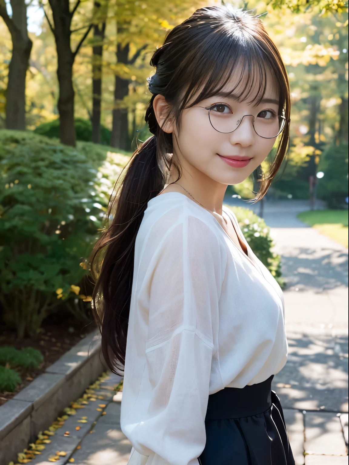 in 8K,Best Quality:1.4, 超A high resolution:1.5, (Photorealistic:1.4),masterpiece:1.2,(top-quality:1.4)、 Raw photo、Japan girls in casual clothes、Hi-Res、The ultra-detailliert、natural skin textures:1.3, realistic eyes and face details:1.7、nogizaka, cute face、30-years old:1.2、thighs thighs thighs beautiful legs、Textured skin:1.2 、 (Shy smile:1.2)、Medium chest、Black eyes with beautiful details、(Casual clothing:1.2)、FULL BODYSHOT、Colored leaves、a miniskirt:1.2、is standing、autumnal、(Park on the hill)、beautful view、Backshots、a smile、Ponytail hair、Black-rimmed glasses
