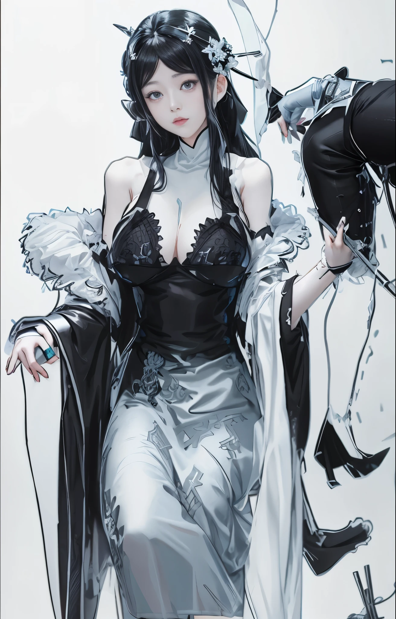 Close-up of a woman wearing a black long-sleeved raw edge dress sitting on a chair, blue long hair bun,Hairpins, black-white skintight robes, Black and white manga style, Albedo of Overlord, In Pixiv, white and black, Inspired by Morikage Hisumi, Black and white, The highest rating on PixiV, anime style In Pixiv