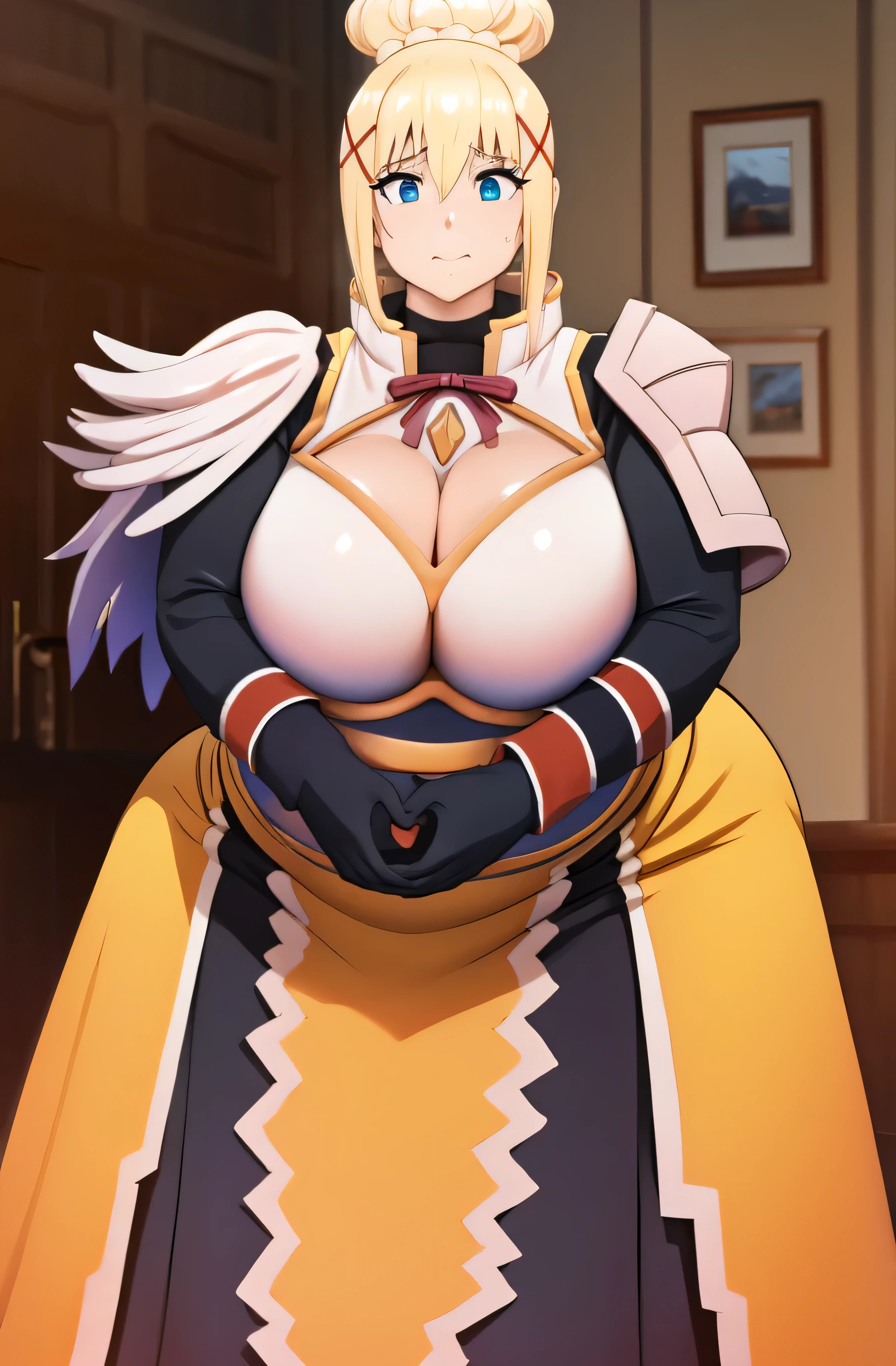Darkness, Konosuba, Curvy, blonde girl, horny, muito gordo, (quadris largos:1.3), coxas enormes, grossas e macias, SSBBW, muito gordo flabby arms, realistic lighting, High detail, Qualidade HD, Rosto detalhado, sombreamento realista, rolos de gordura, massive size, gigantescos enormes seios transbordando de gordura, massive cleavage, Peso pesado, plussize, everything is fat, textura macia, olhos grandes bonitos, semi-realista, Dynamic angle, pattern clothes